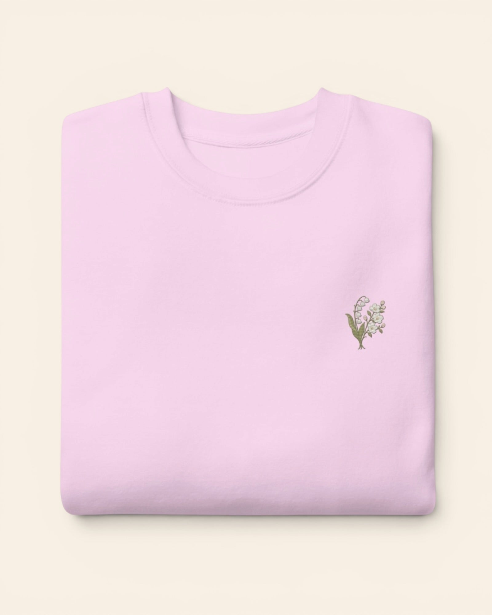 May birth flower crewneck sweatshirt with embroidered lily of the valley and hawthorn, in Lavender