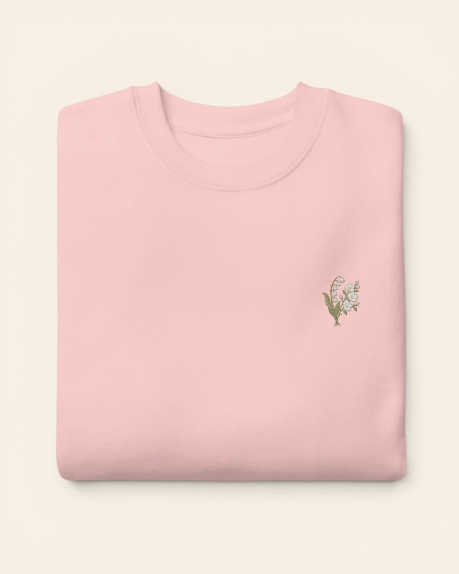 May birth flower crewneck sweatshirt with embroidered lily of the valley and hawthorn, in Light Pink