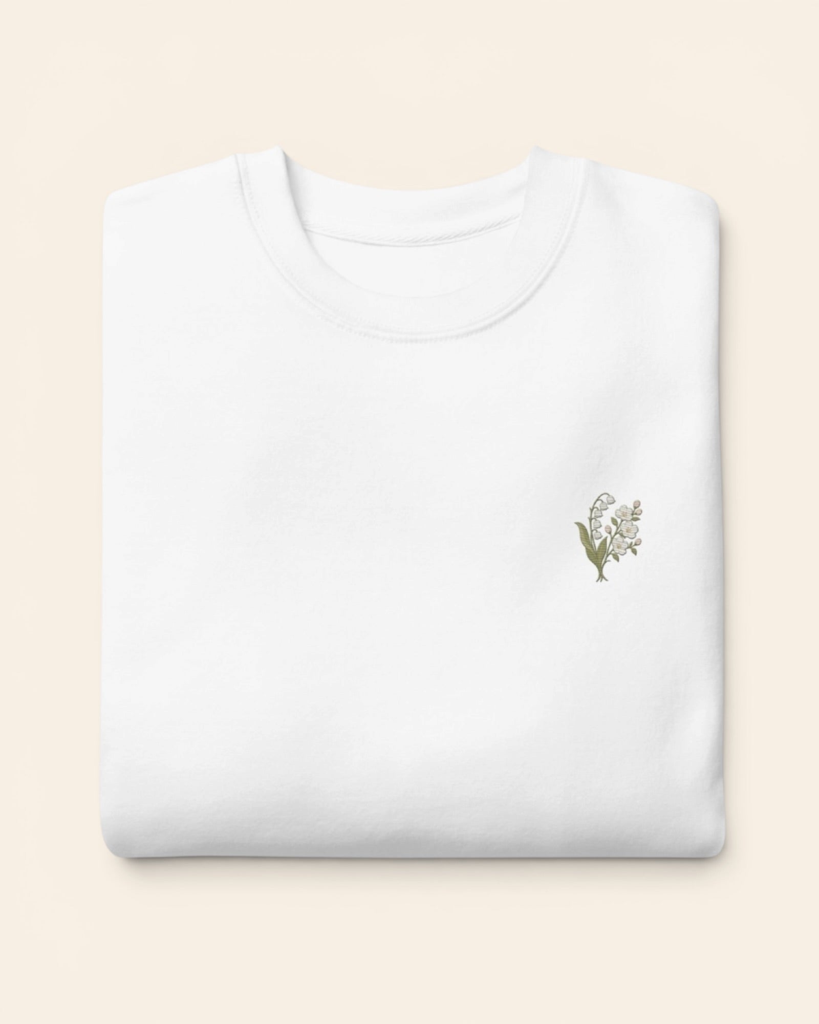 May birth flower crewneck sweatshirt with embroidered lily of the valley and hawthorn, in White