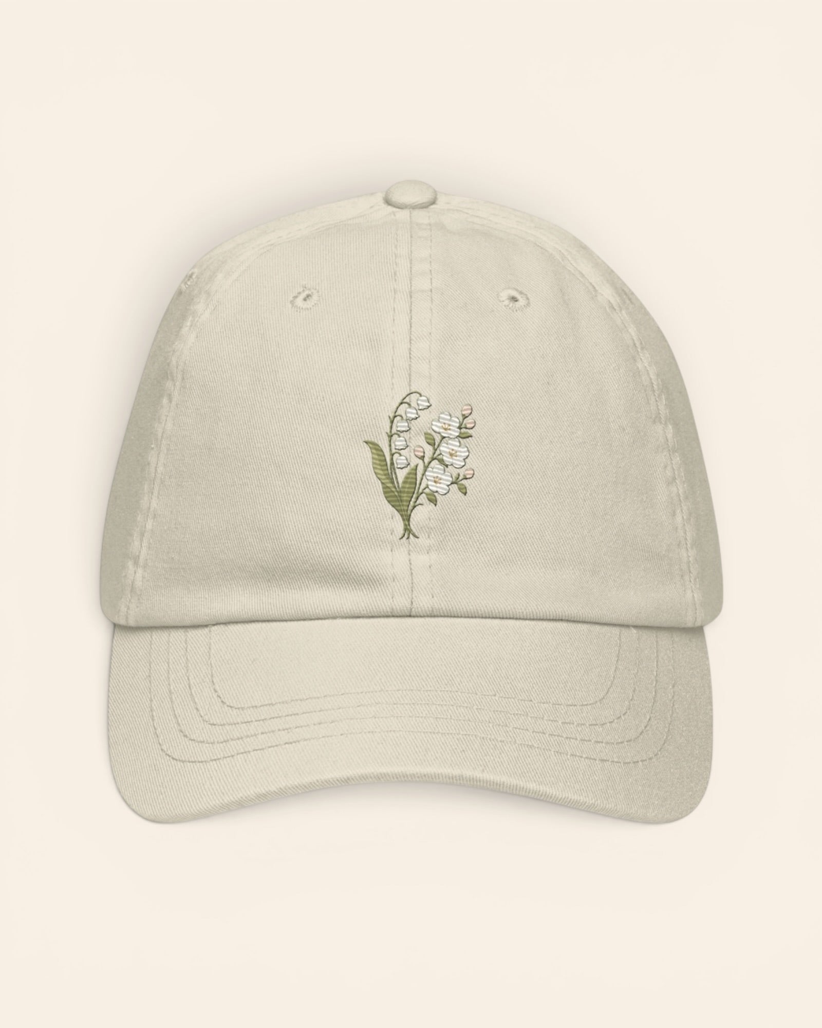 May birth flower hat with embroidered lily of the valley and hawthorn, in Beige