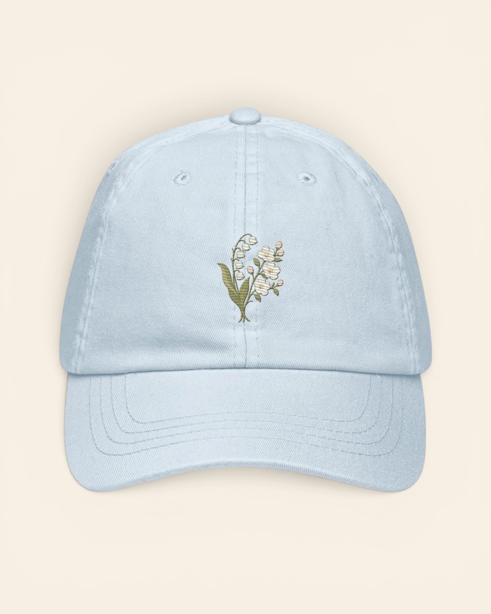 May birth flower hat with embroidered lily of the valley and hawthorn, in Pastel Blue