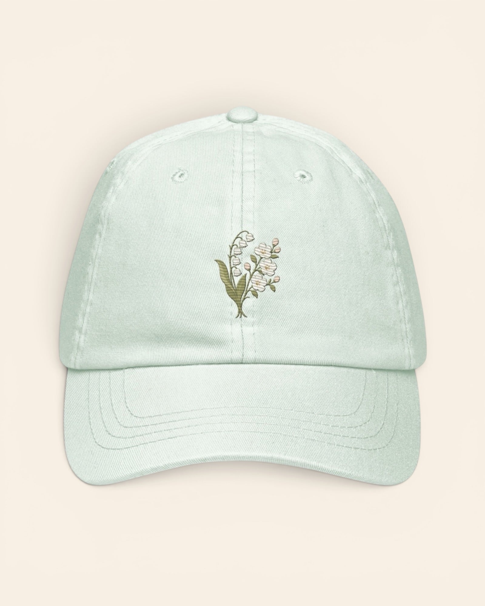 May birth flower hat with embroidered lily of the valley and hawthorn, in Pastel Mint