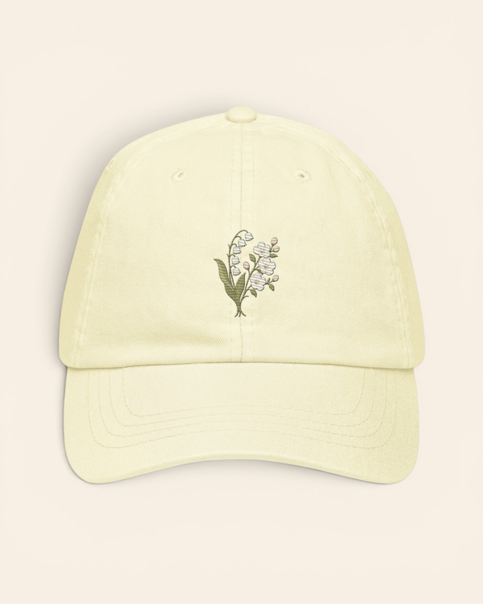 May birth flower hat with embroidered lily of the valley and hawthorn, in Pastel Lemon