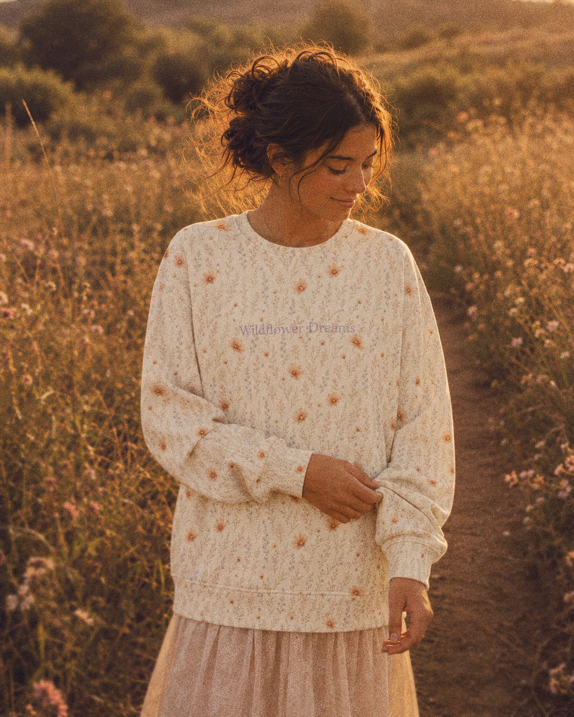 Wildflower Dreams Crewneck Sweatshirt, with apricot cosmos, larkspur, baby's breath, and golden stems print