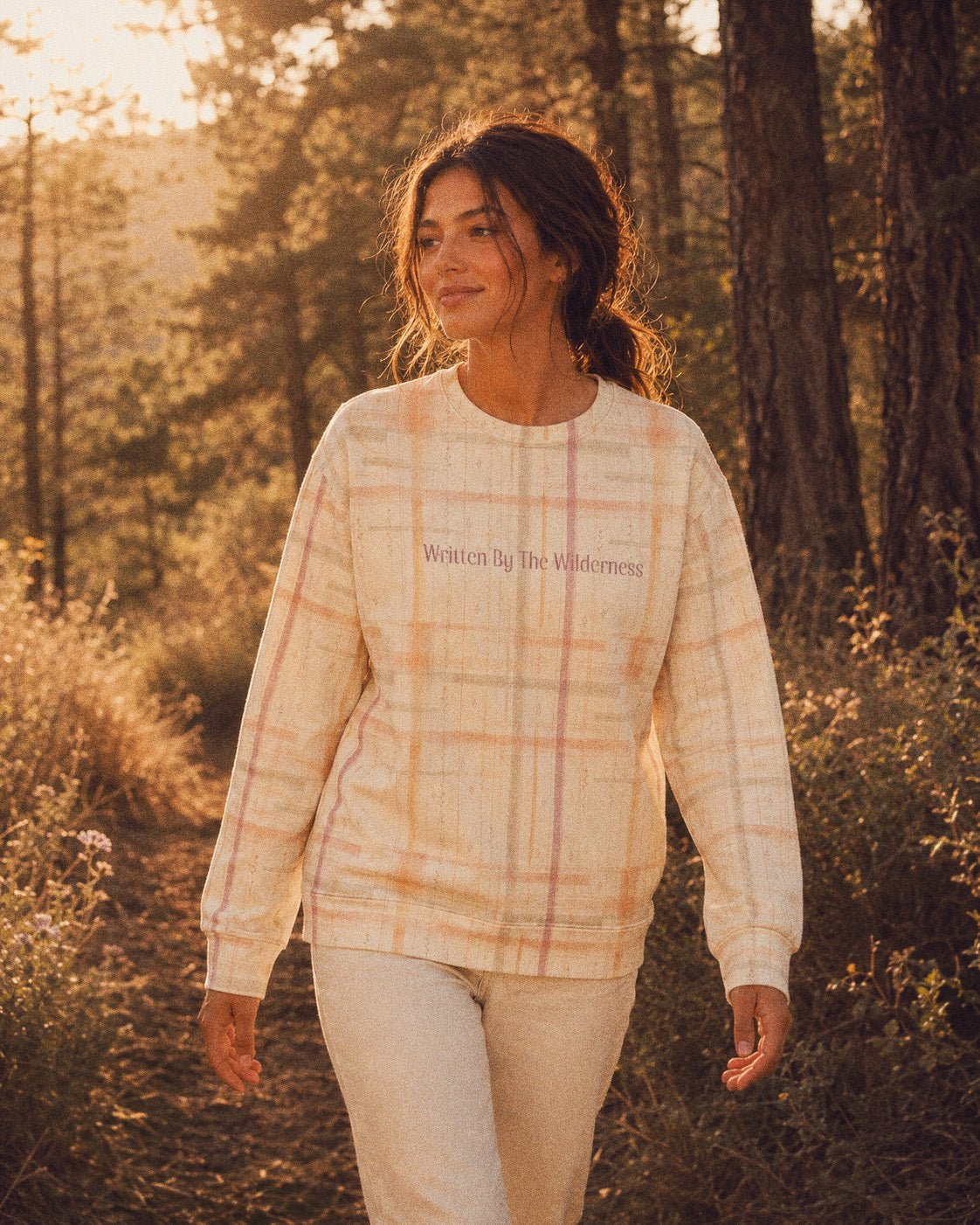 Written By The Wilderness Crewneck Sweatshirt, with vintage-inspired woven plaid in apricot, sage, and peach print