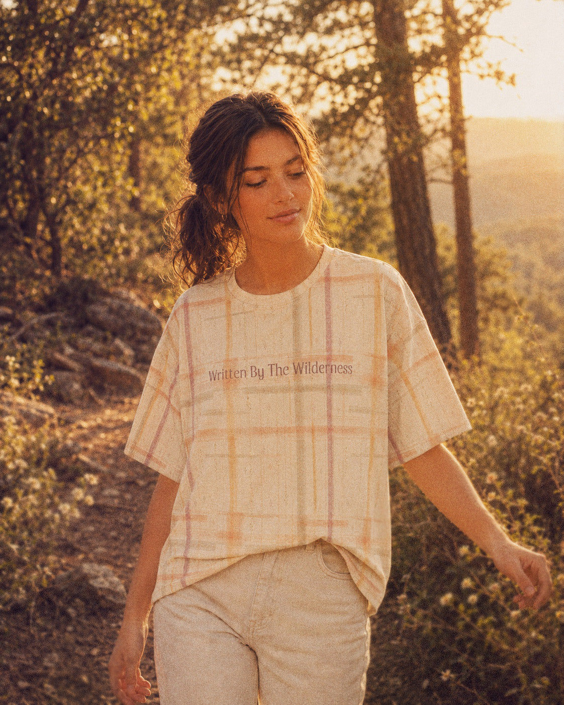 Written By The Wilderness Oversized Tee, with vintage-inspired woven plaid in apricot, sage, and peach print