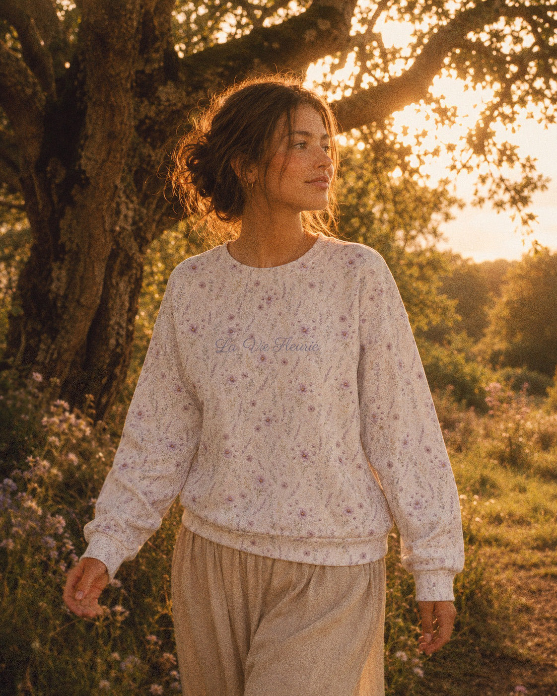 La Vie Fleurie Crewneck Sweatshirt, with lavender sprigs, purple cosmos, baby's breath, and larkspur print