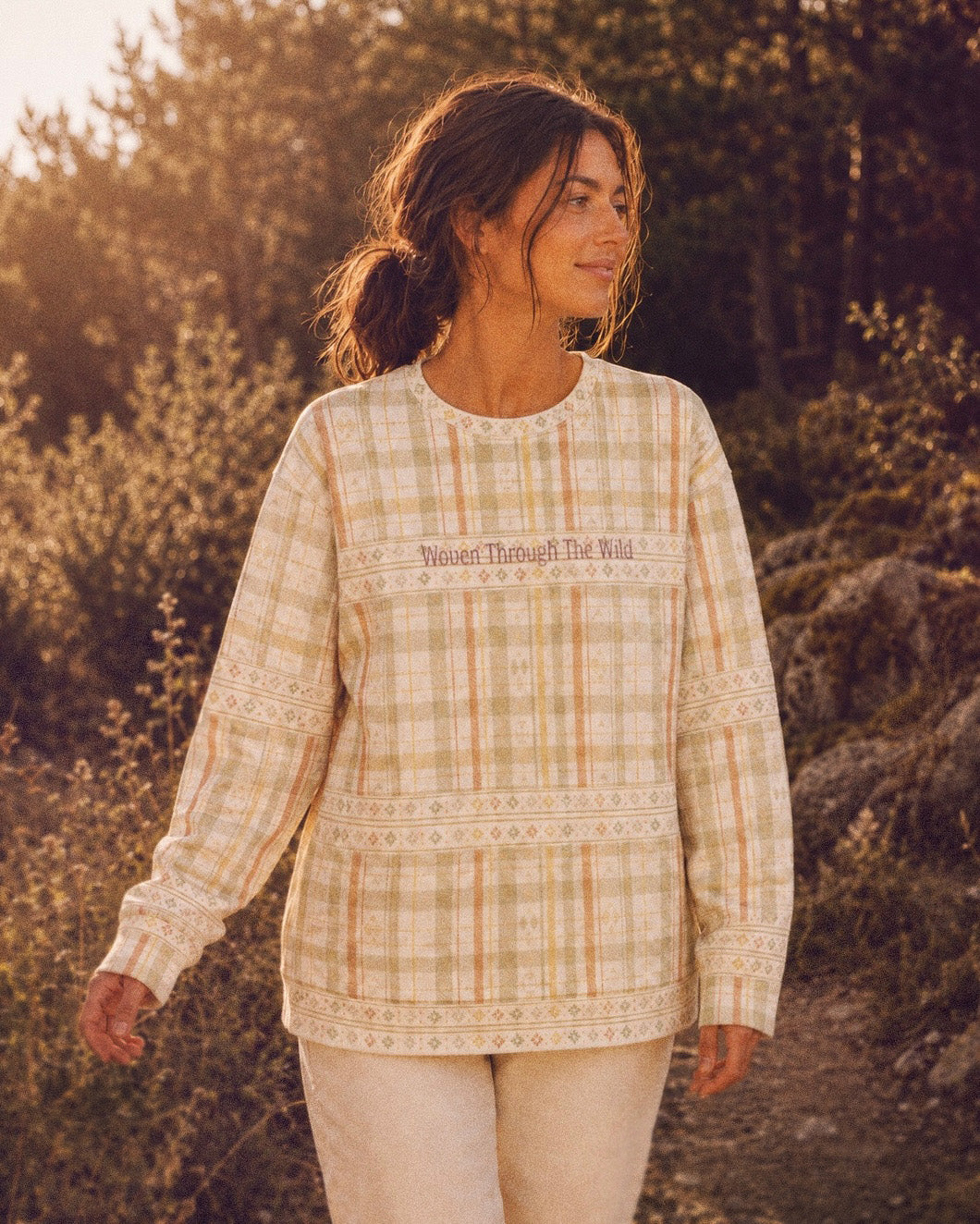 Woven Through The Wild Crewneck Sweatshirt, with vintage woven plaid in sage, apricot, peach, and sand print