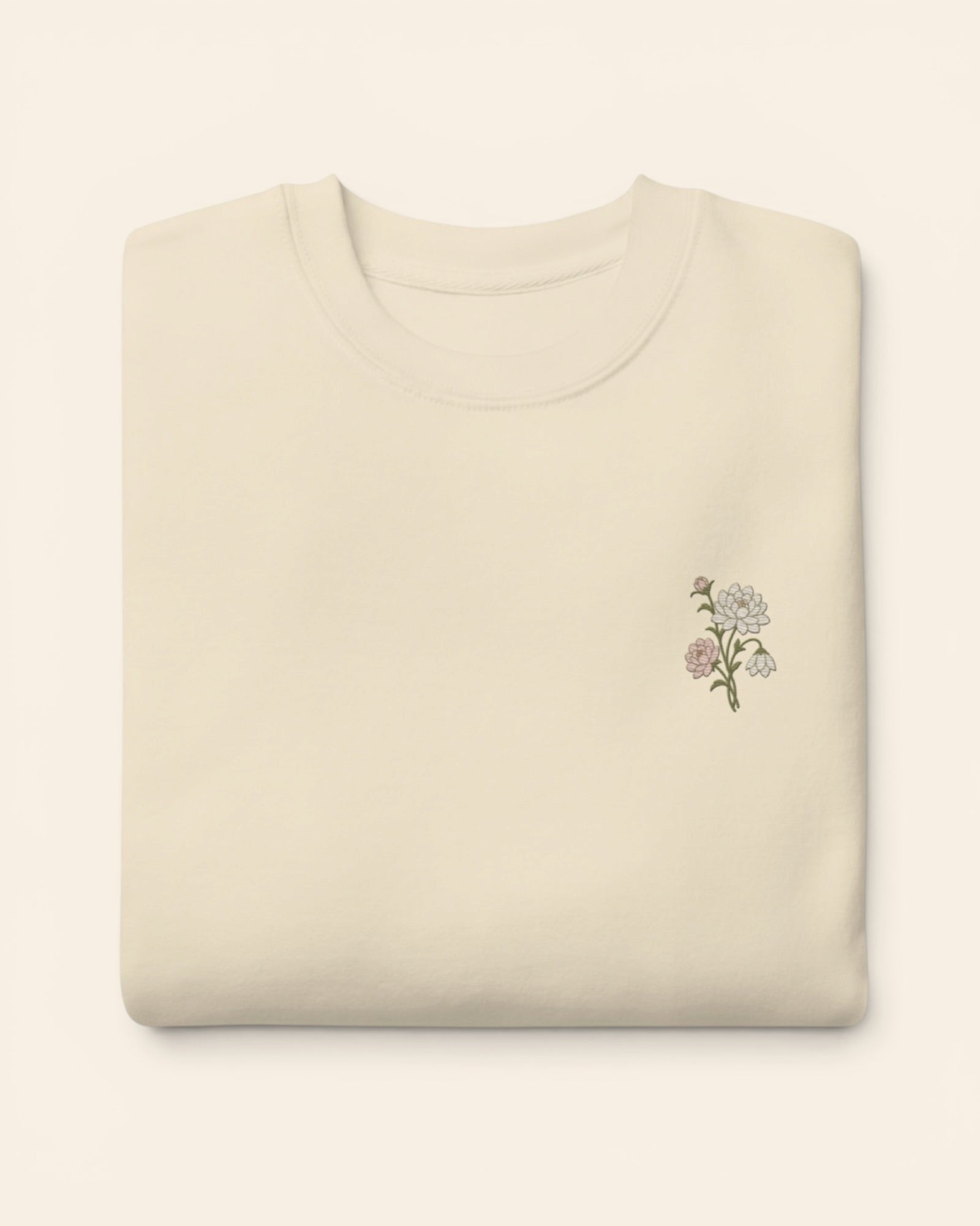 November birth flower crewneck sweatshirt with embroidered chrysanthemum and peony, in Bone