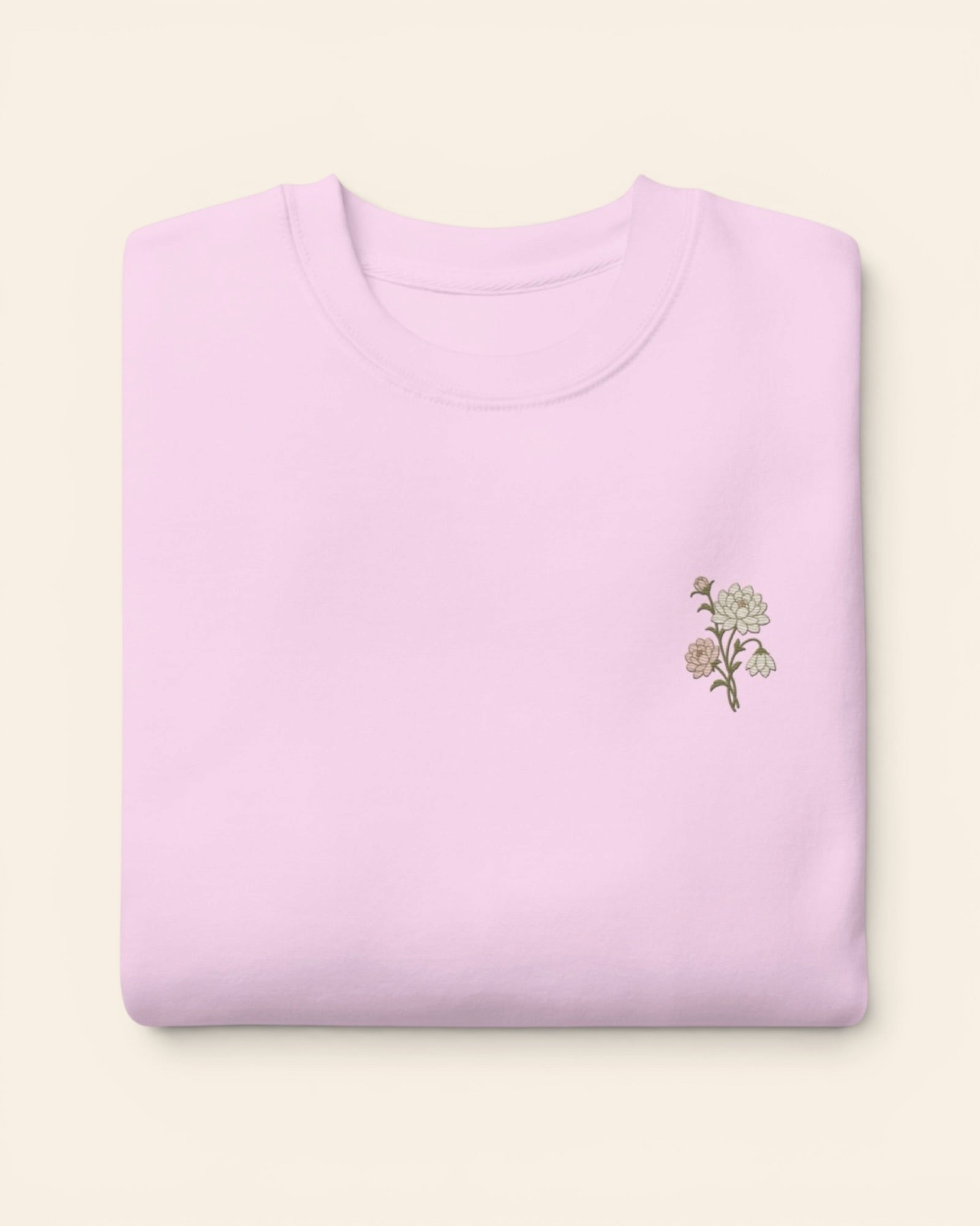 November birth flower crewneck sweatshirt with embroidered chrysanthemum and peony, in Lavender