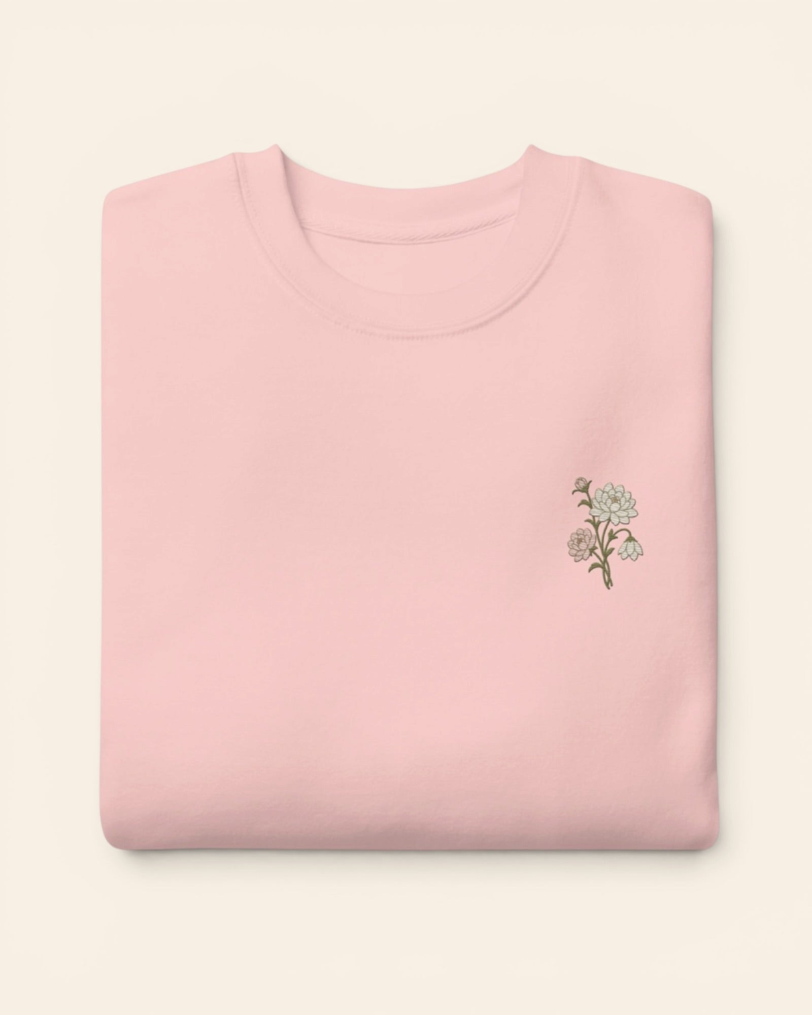 November birth flower crewneck sweatshirt with embroidered chrysanthemum and peony, in Light Pink