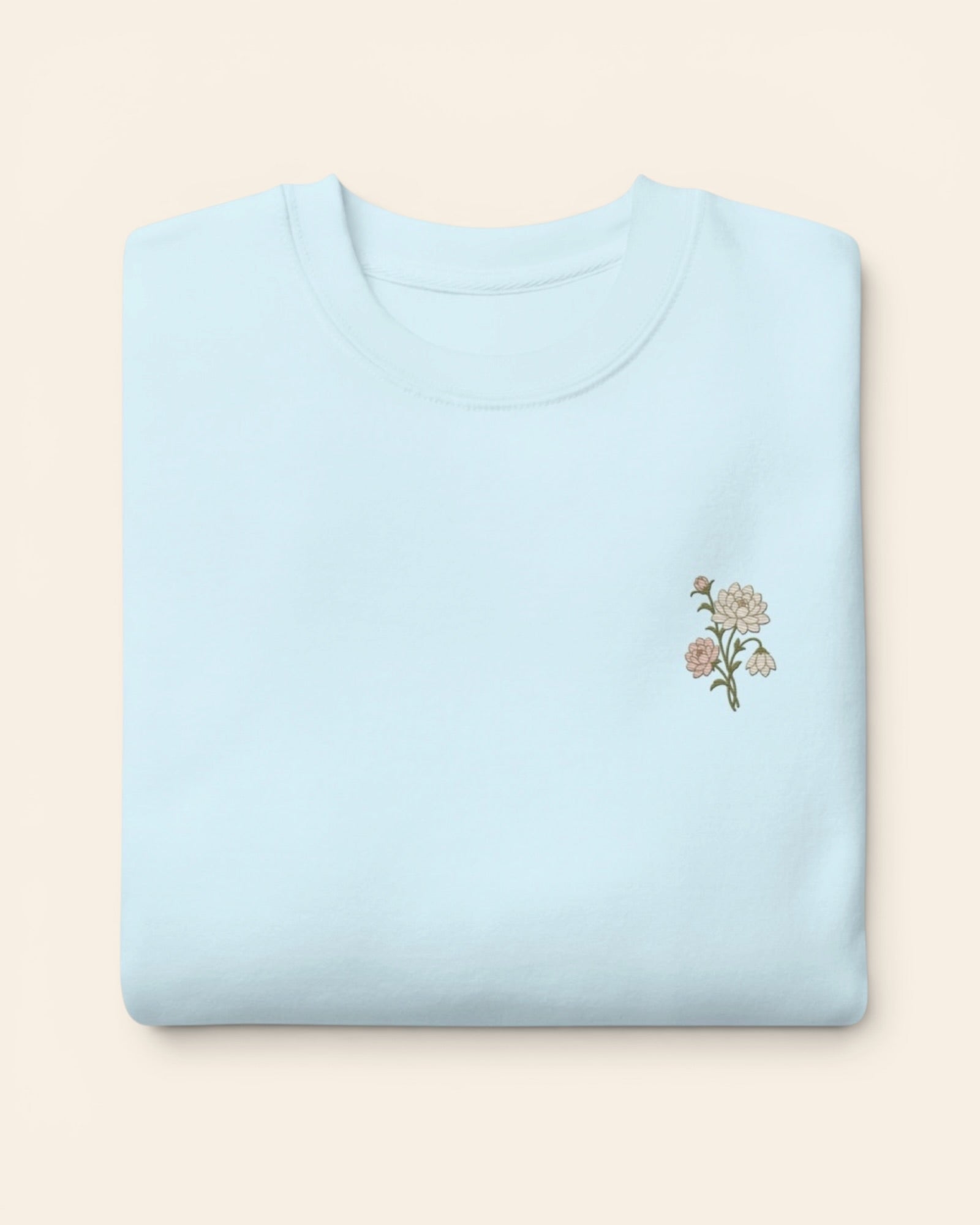 November birth flower crewneck sweatshirt with embroidered chrysanthemum and peony, in Sky Blue