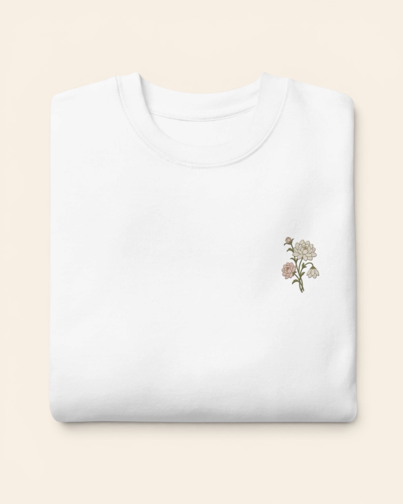 November birth flower crewneck sweatshirt with embroidered chrysanthemum and peony, in White