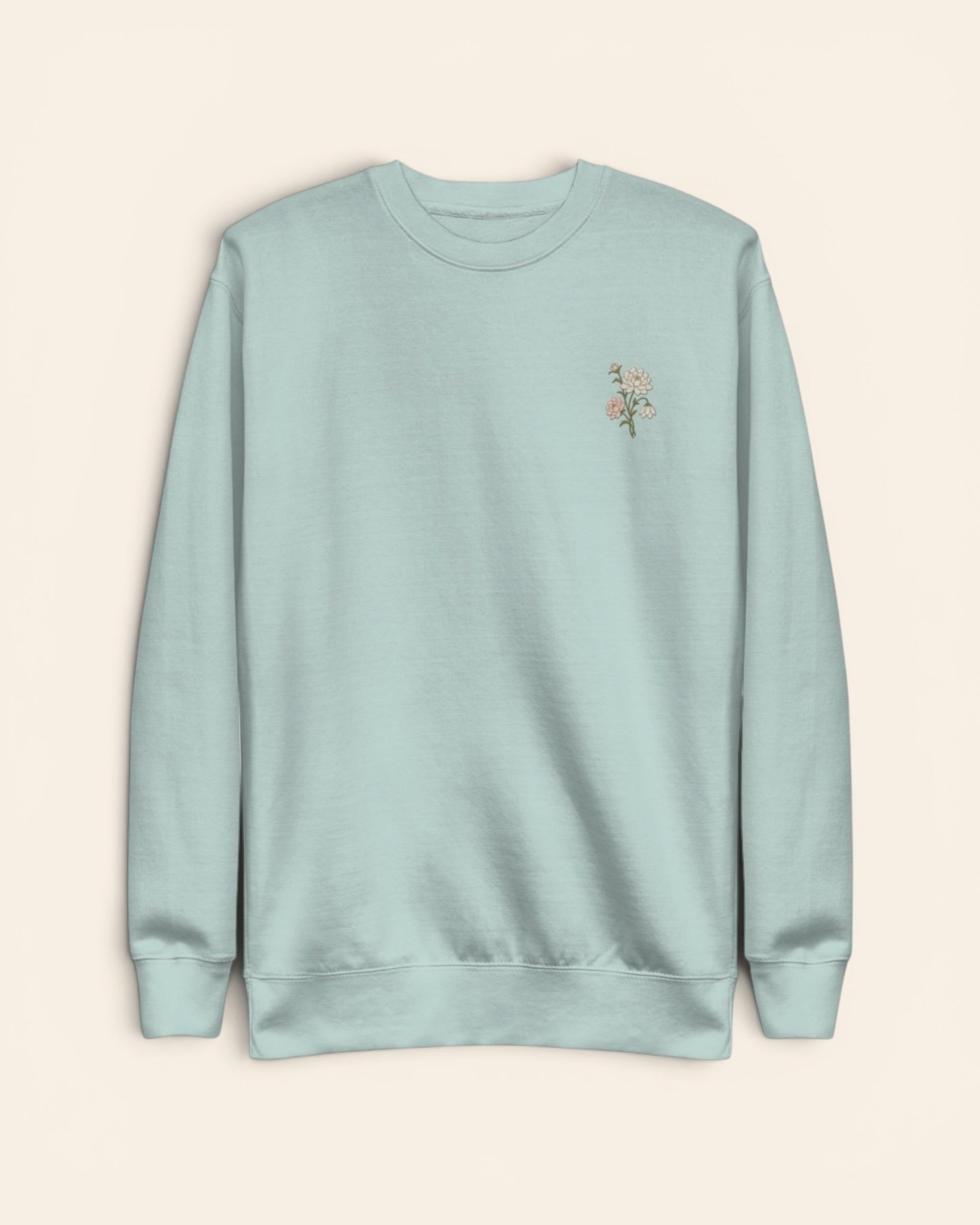 November birth flower crewneck sweatshirt with embroidered chrysanthemum and peony, in Agave