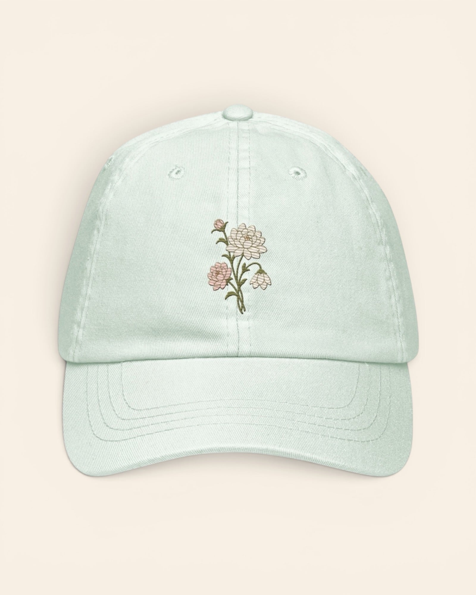 November birth flower hat with embroidered chrysanthemum and peony, in Pastel Mint