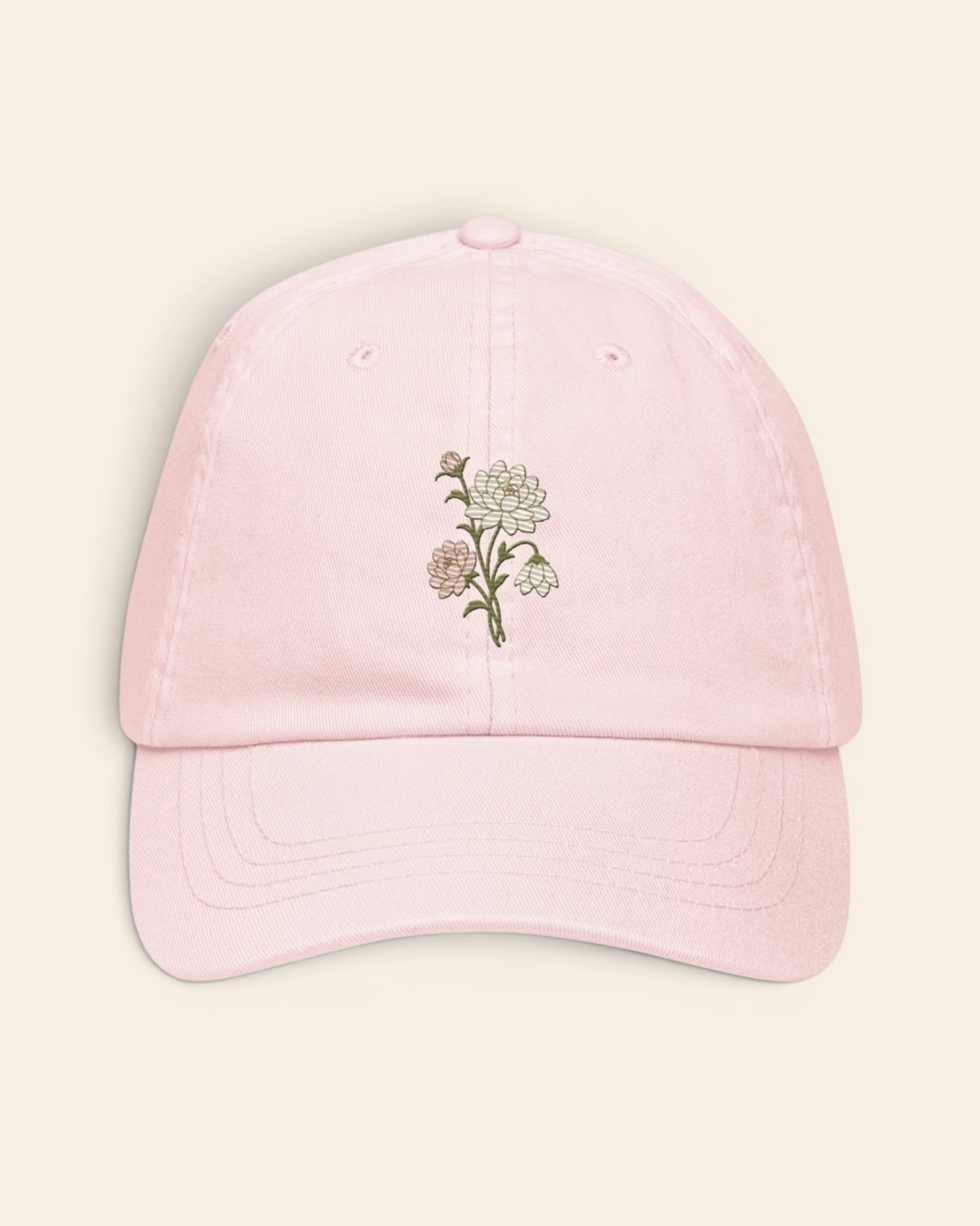 November birth flower hat with embroidered chrysanthemum and peony, in Pastel Pink