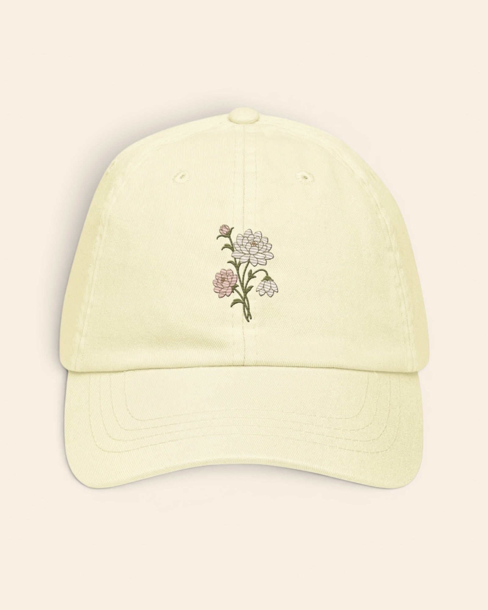 November birth flower hat with embroidered chrysanthemum and peony, in Pastel Lemon