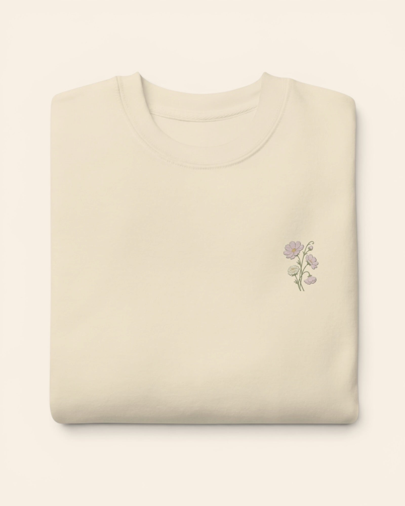 October birth flower crewneck sweatshirt with embroidered cosmos and marigold, in Bone