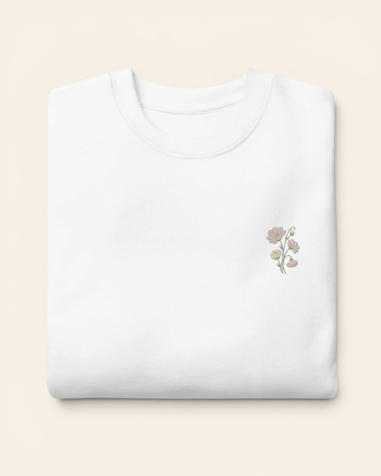 October birth flower crewneck sweatshirt with embroidered cosmos and marigold, in White