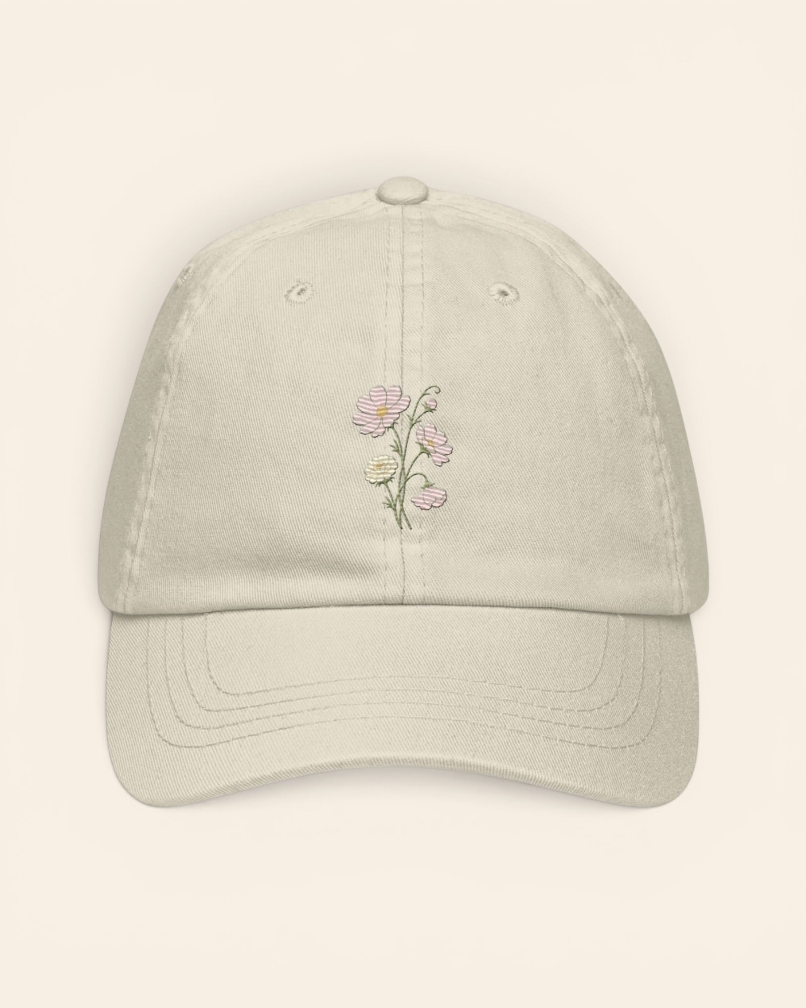 October birth flower hat with embroidered cosmos and marigold, in Beige