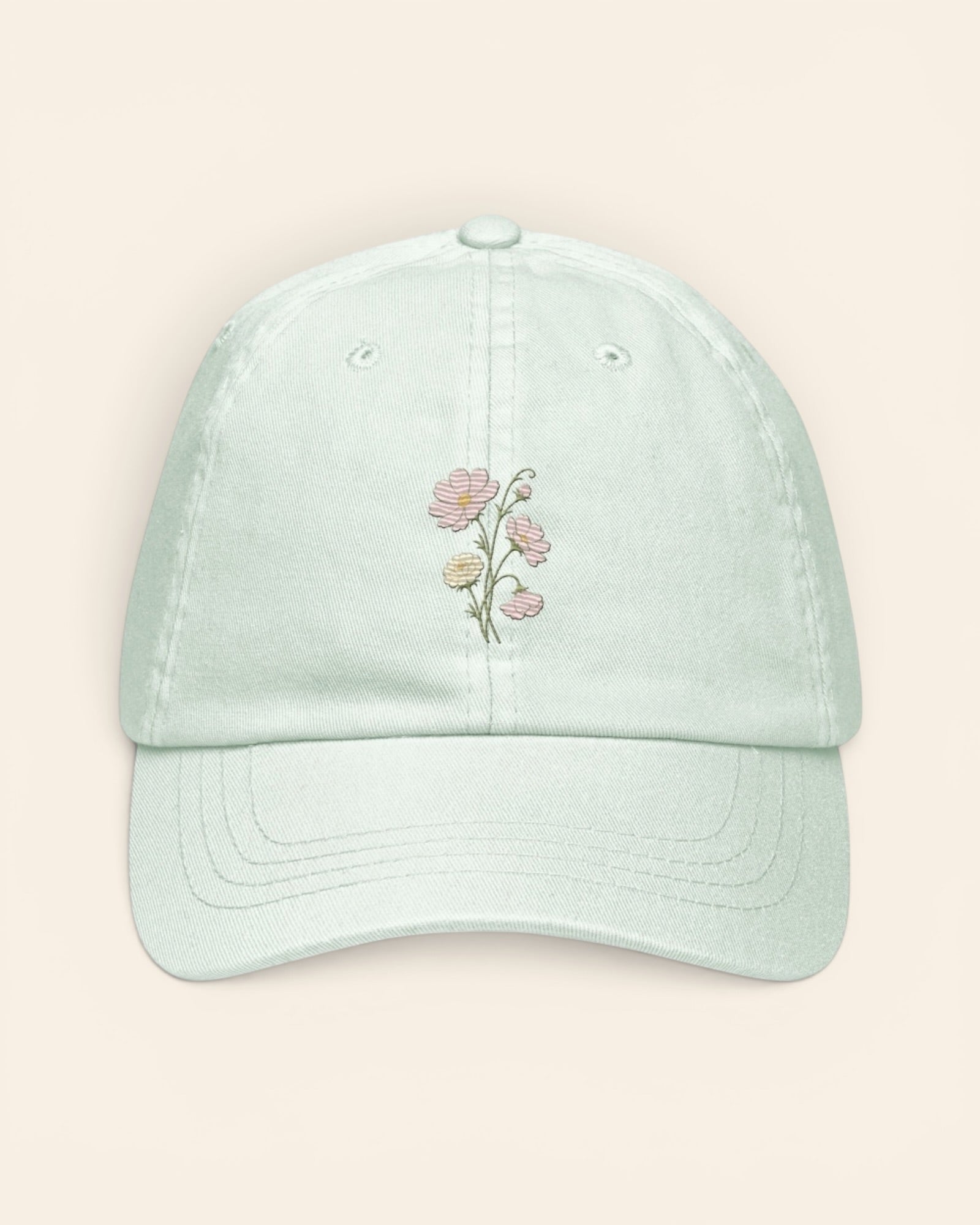 October birth flower hat with embroidered cosmos and marigold, in Pastel Mint