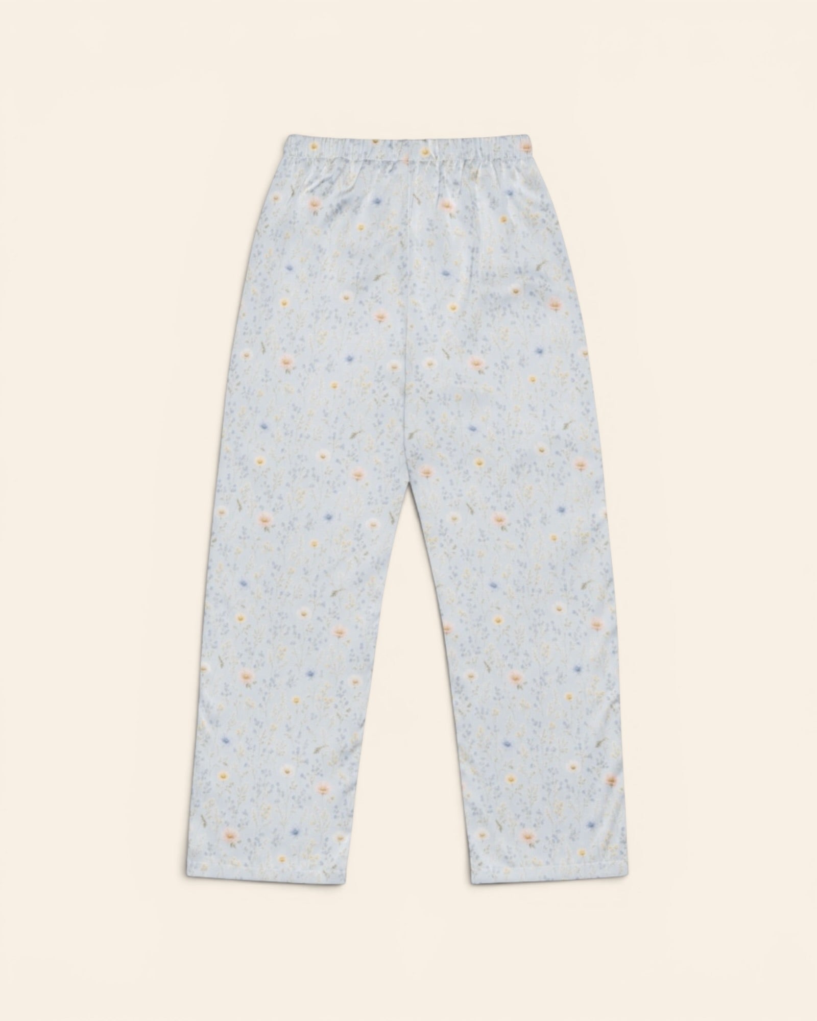 Blue Morning Blooms Long Sleeve Pajamas, with blue forget-me-nots, powder-blue cosmos, and white daisies print