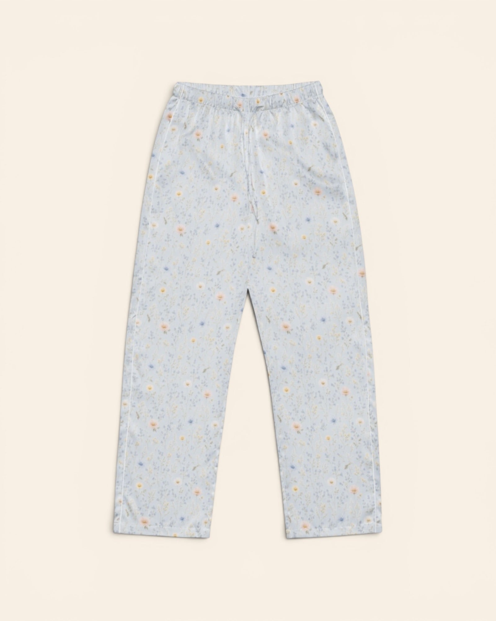 Blue Morning Blooms Long Sleeve Pajamas, with blue forget-me-nots, powder-blue cosmos, and white daisies print
