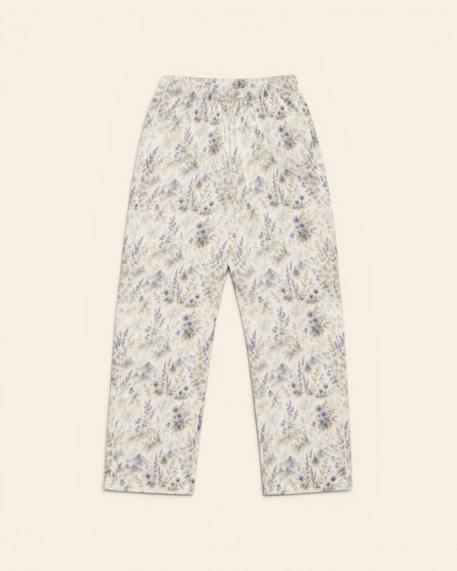 Alpine Reverie Long Sleeve Pajamas, with misty blue-gray mountains, alpine asters, and bellflowers print