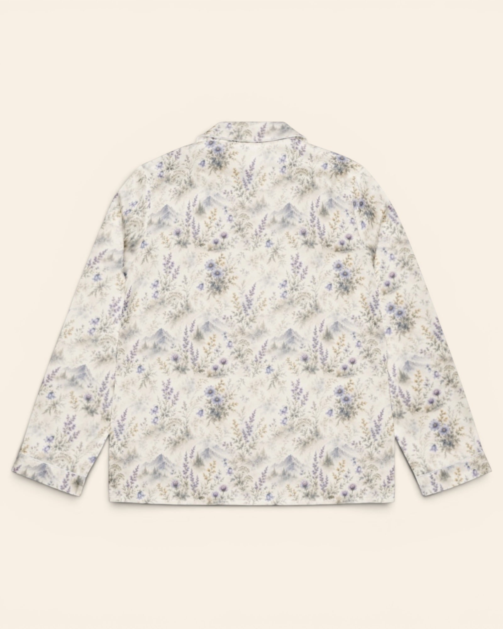 Alpine Reverie Long Sleeve Pajamas, with misty blue-gray mountains, alpine asters, and bellflowers print