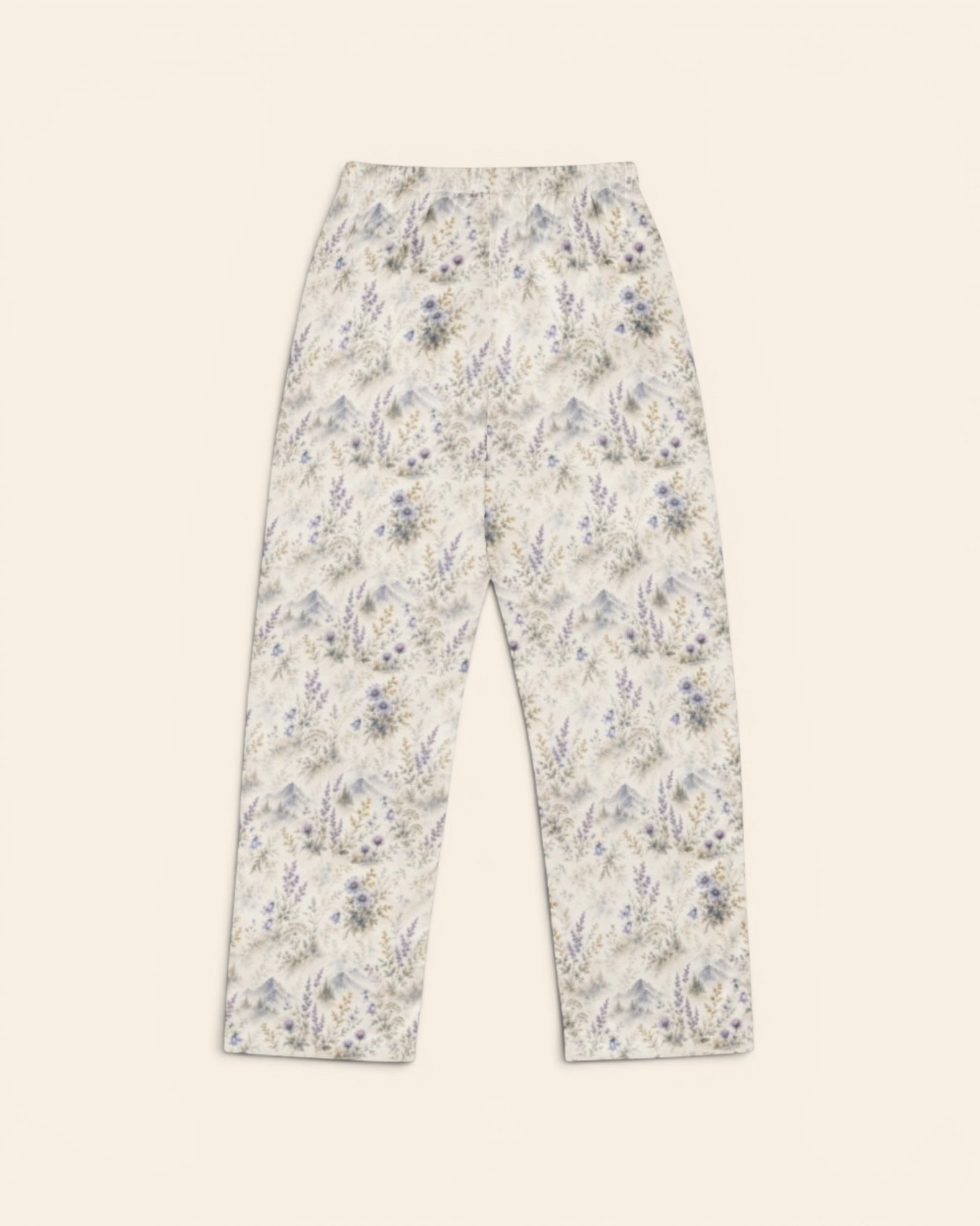 Alpine Reverie Long Sleeve Pajamas, with misty blue-gray mountains, alpine asters, and bellflowers print