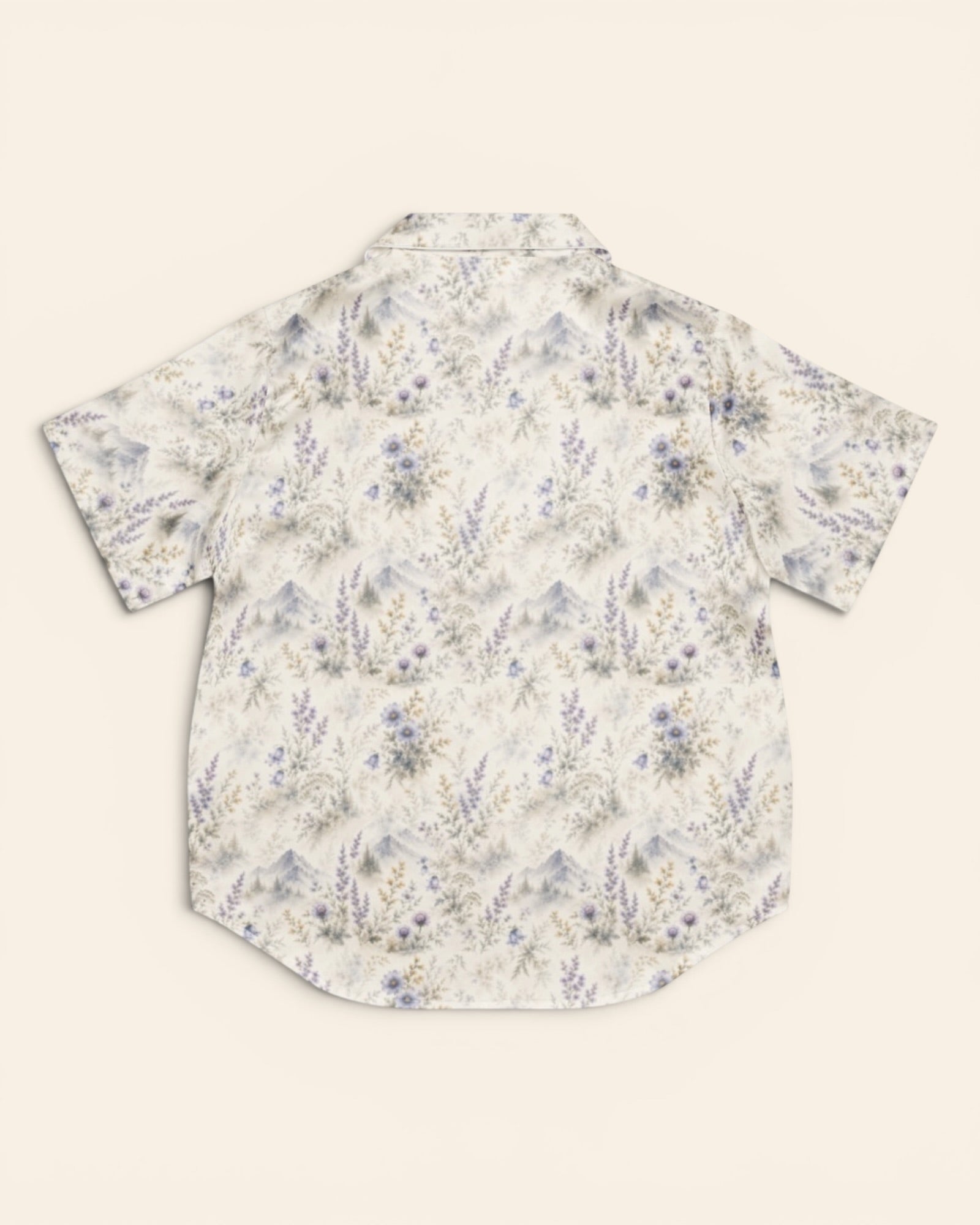 Alpine Reverie Short Sleeve Pajamas, with misty blue-gray mountains, alpine asters, and bellflowers print