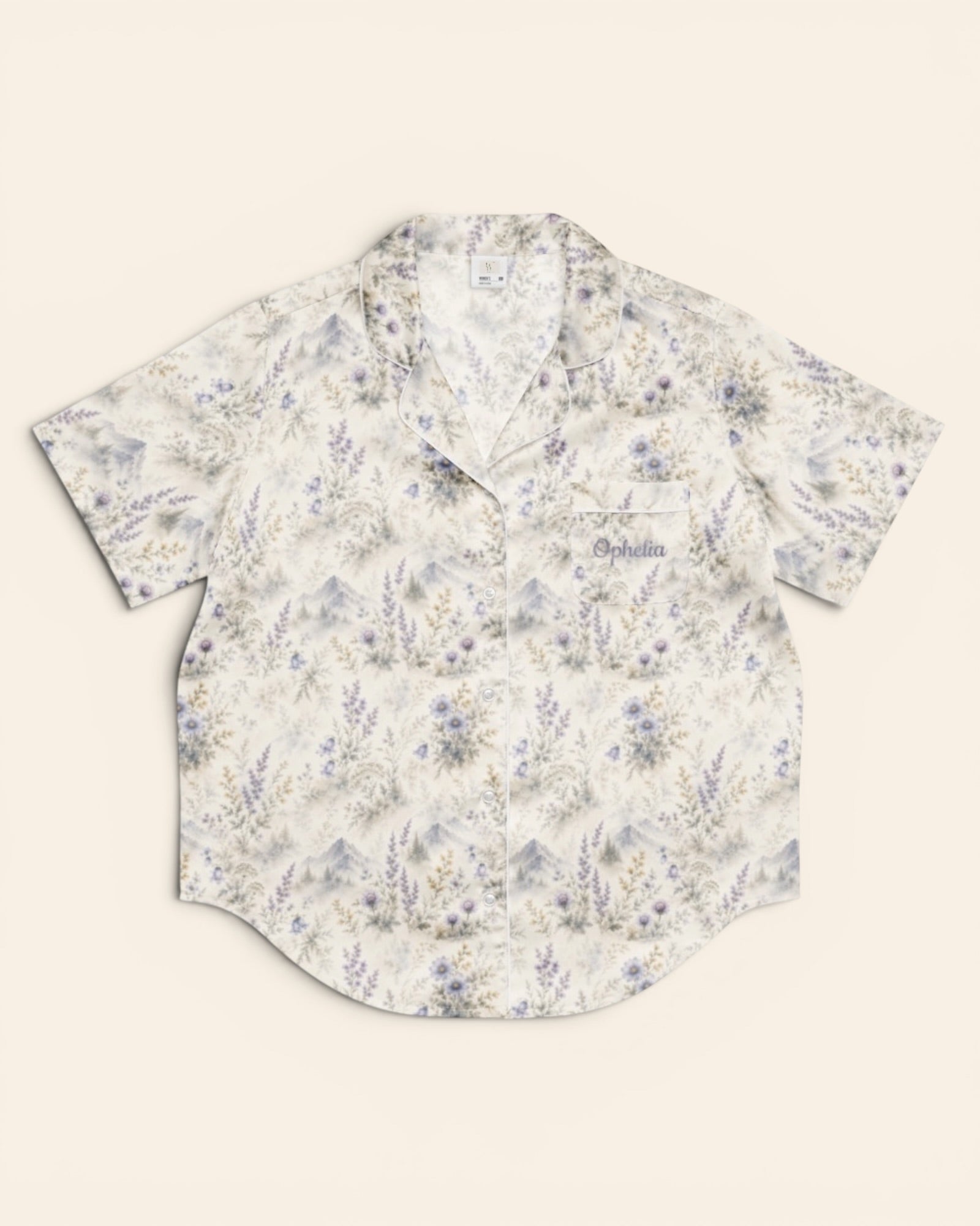 Alpine Reverie Short Sleeve Pajamas, with misty blue-gray mountains, alpine asters, and bellflowers print