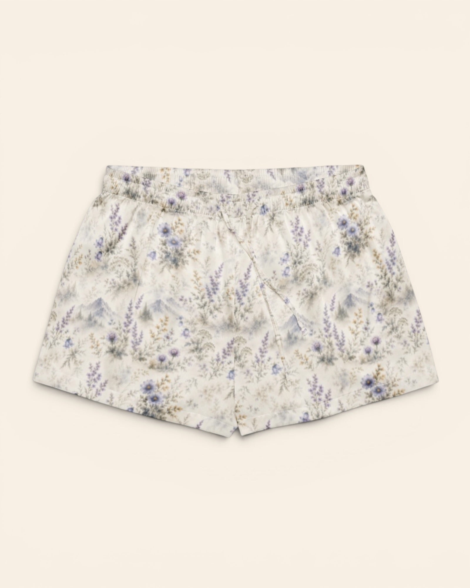 Alpine Reverie Short Sleeve Pajamas, with misty blue-gray mountains, alpine asters, and bellflowers print