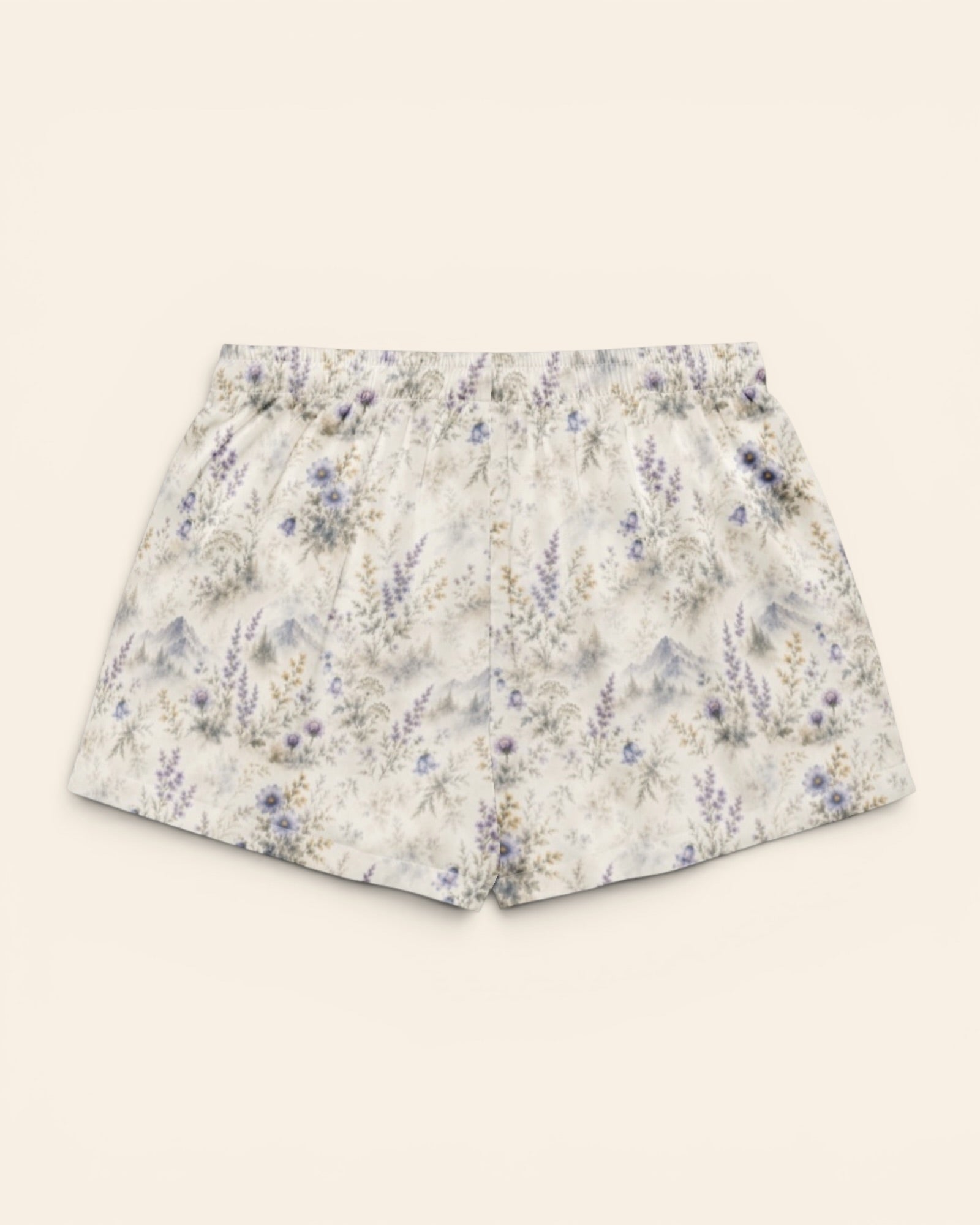Alpine Reverie Short Sleeve Pajamas, with misty blue-gray mountains, alpine asters, and bellflowers print