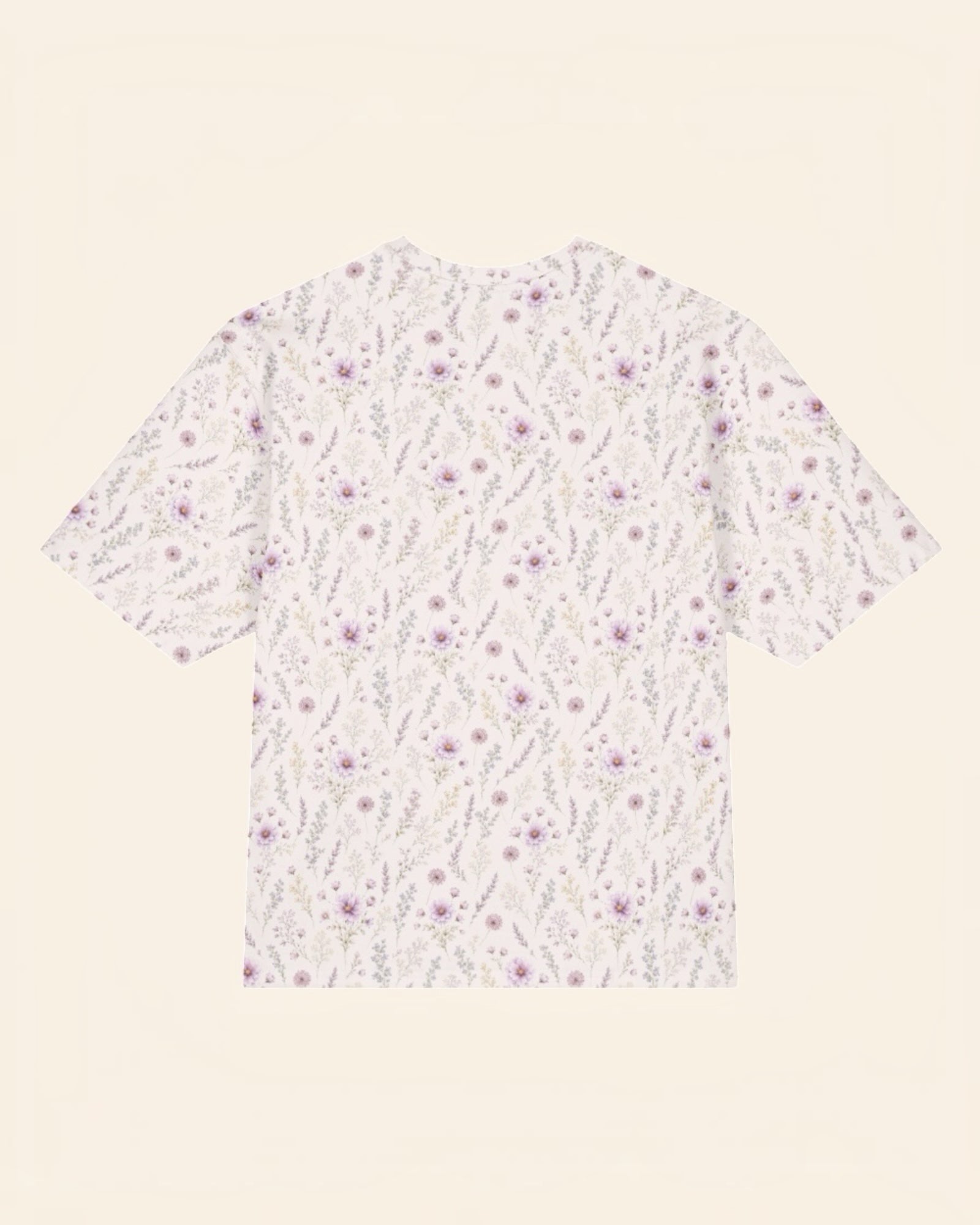 La Vie Fleurie Oversized Tee, with lavender sprigs, purple cosmos, baby's breath, and larkspur print