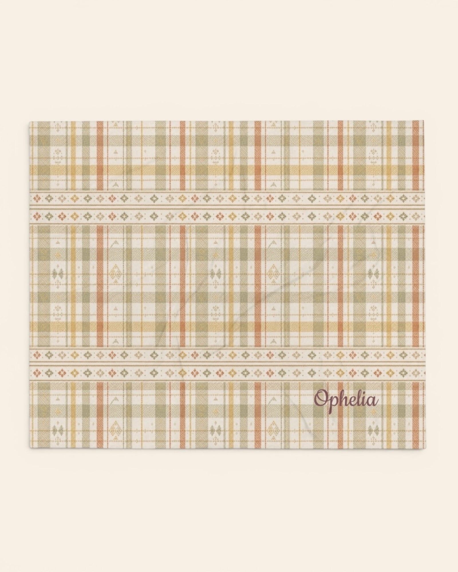 Woven Through The Wild Throw Blanket, with vintage woven plaid in sage, apricot, peach, and sand print