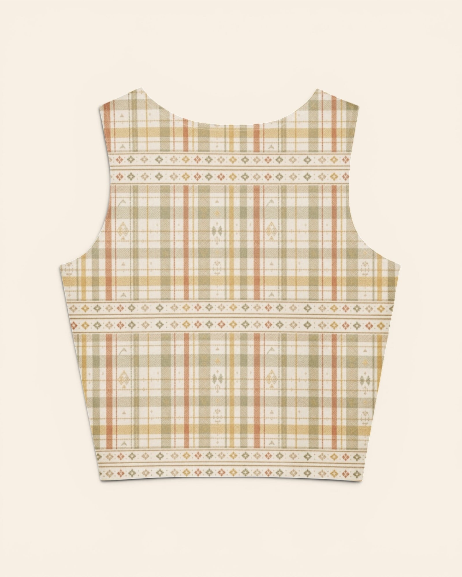 Woven Through The Wild Crop Top, with vintage woven plaid in sage, apricot, peach, and sand print