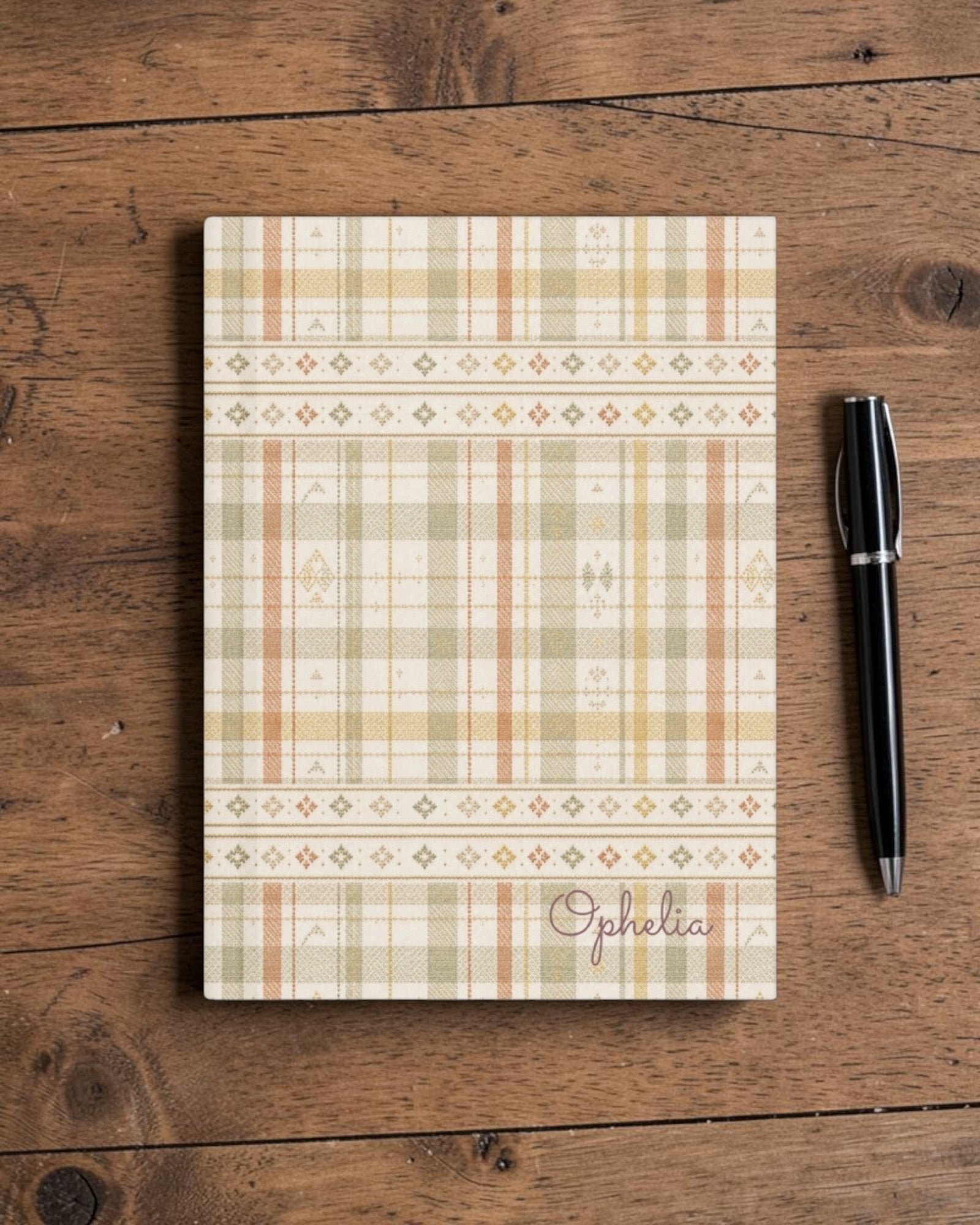 Woven Through The Wild Journal, with vintage woven plaid in sage, apricot, peach, and sand print