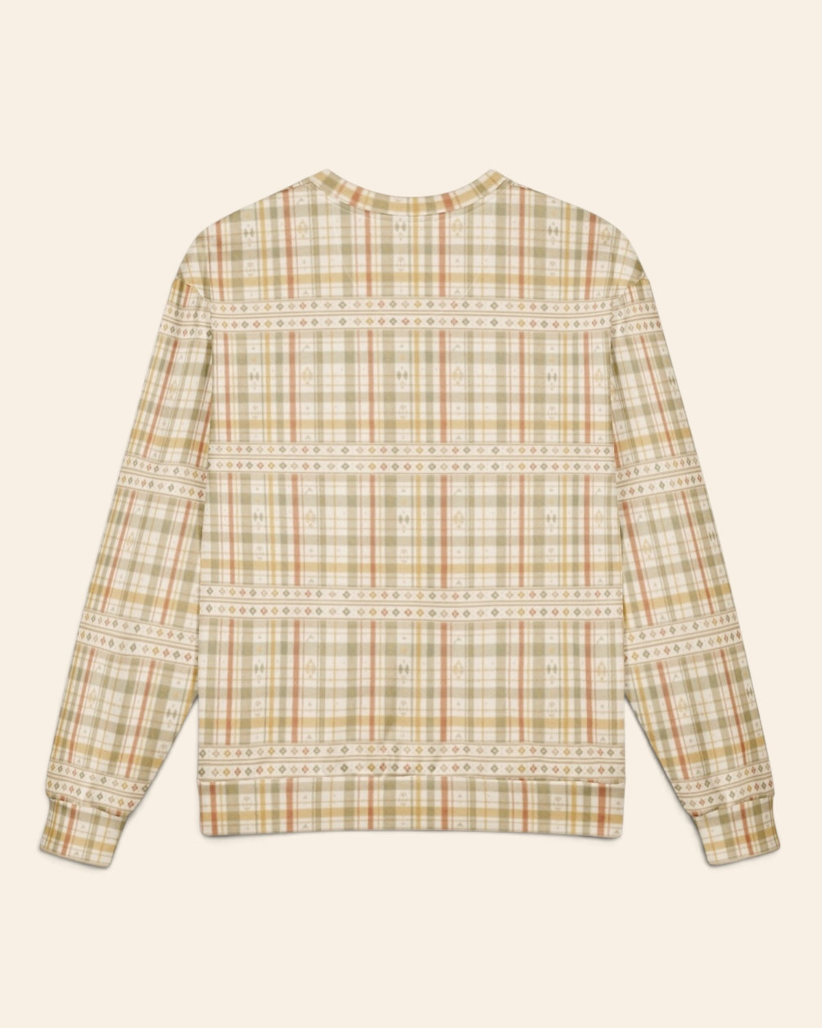 The same crewneck shown flat from the back on a plain cream background, with no text, so the all-over print runs unbroken across the body and sleeves. It is a sage, gold and apricot plaid on cream, banded with rows of small woven motifs.