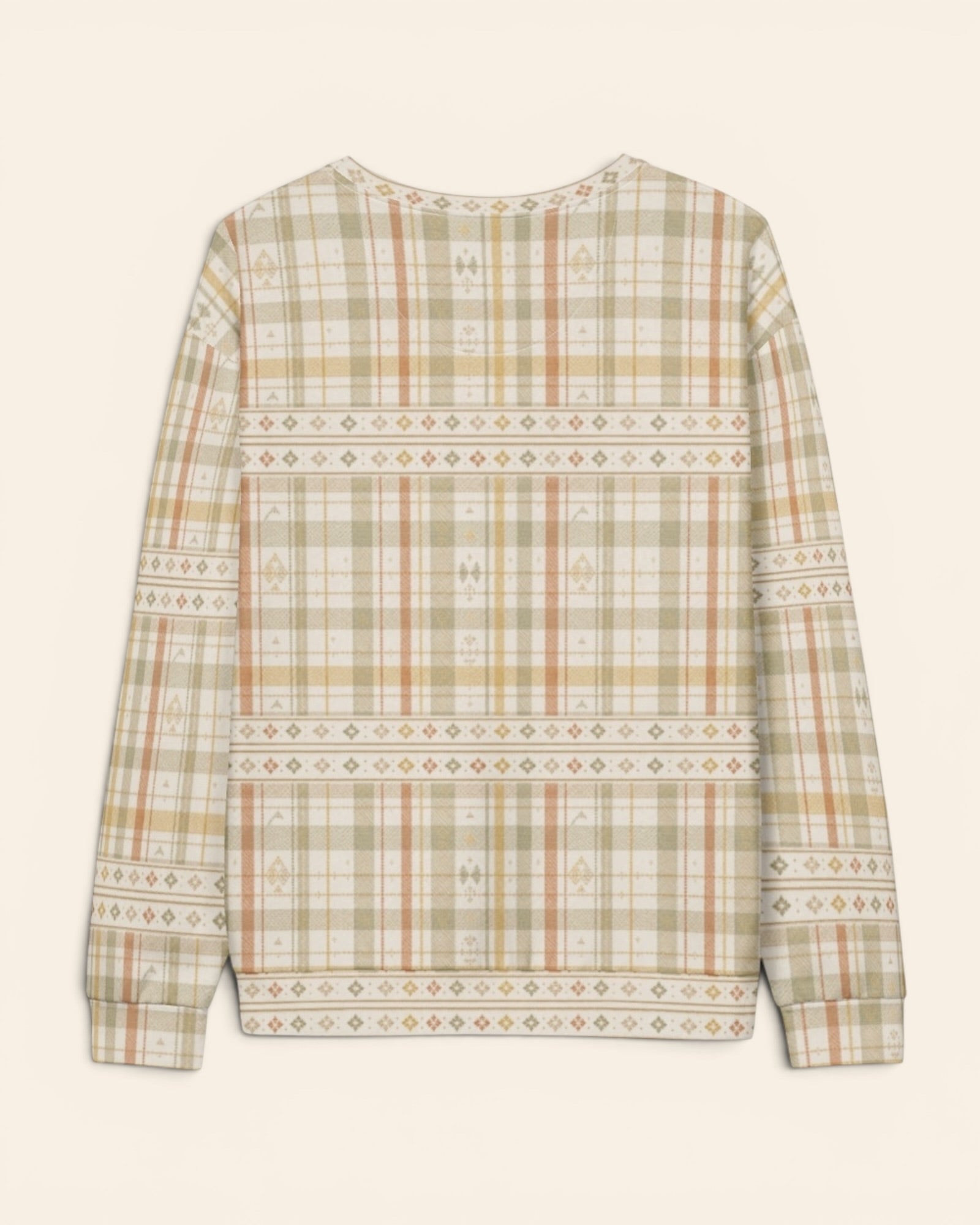Woven Through The Wild Crewneck Sweatshirt, with vintage woven plaid in sage, apricot, peach, and sand print