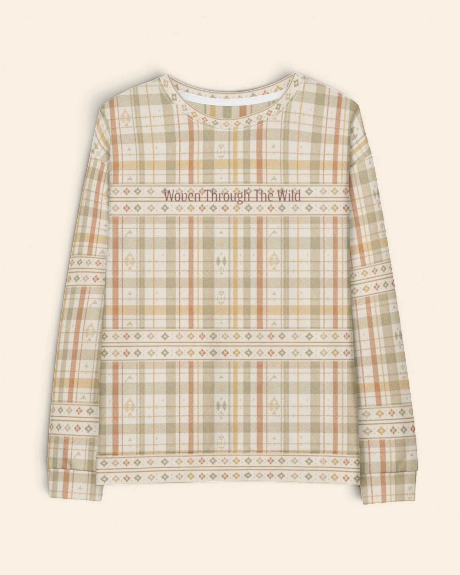 Woven Through The Wild Crewneck Sweatshirt, with vintage woven plaid in sage, apricot, peach, and sand print