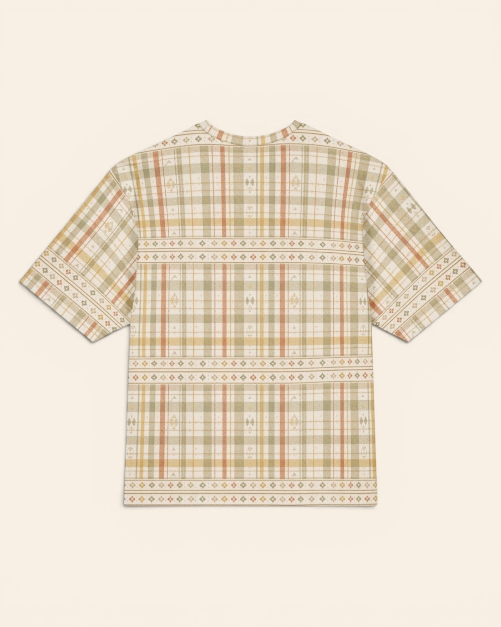 Woven Through The Wild Oversized Tee, with vintage woven plaid in sage, apricot, peach, and sand print