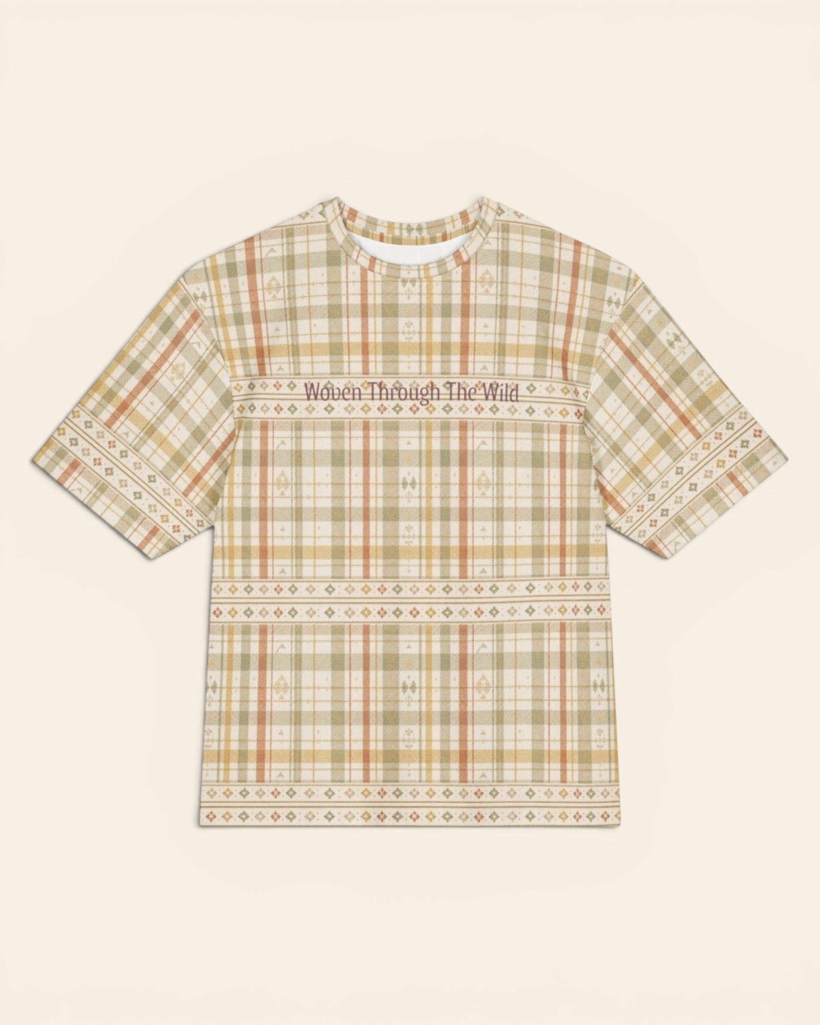 Woven Through The Wild Oversized Tee, with vintage woven plaid in sage, apricot, peach, and sand print