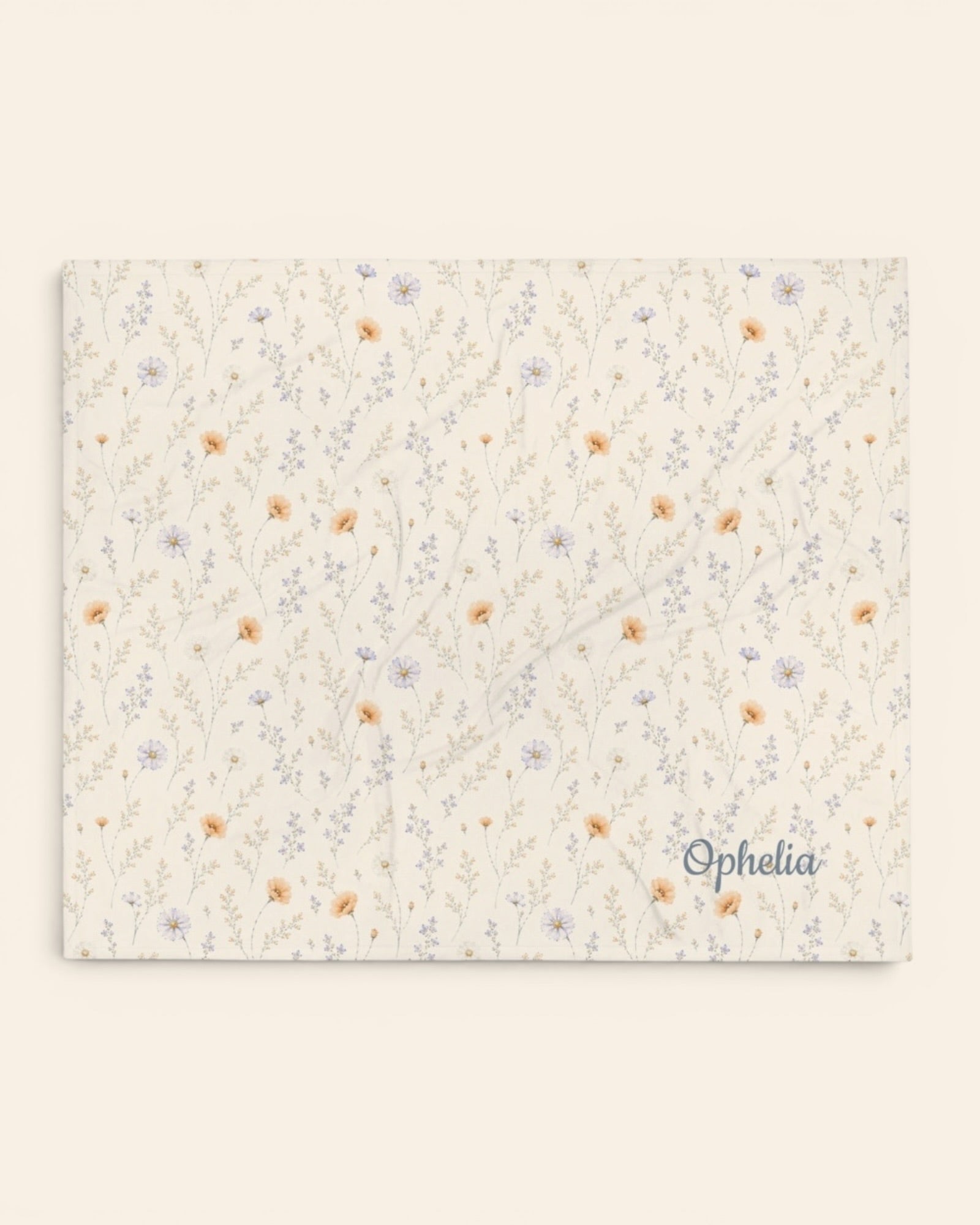 Garden Reverie Throw Blanket, with peach poppies, blue cosmos, forget-me-nots, and daisies print