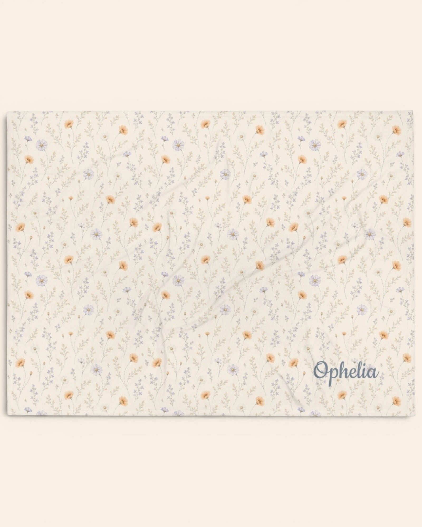 Garden Reverie Throw Blanket, with peach poppies, blue cosmos, forget-me-nots, and daisies print