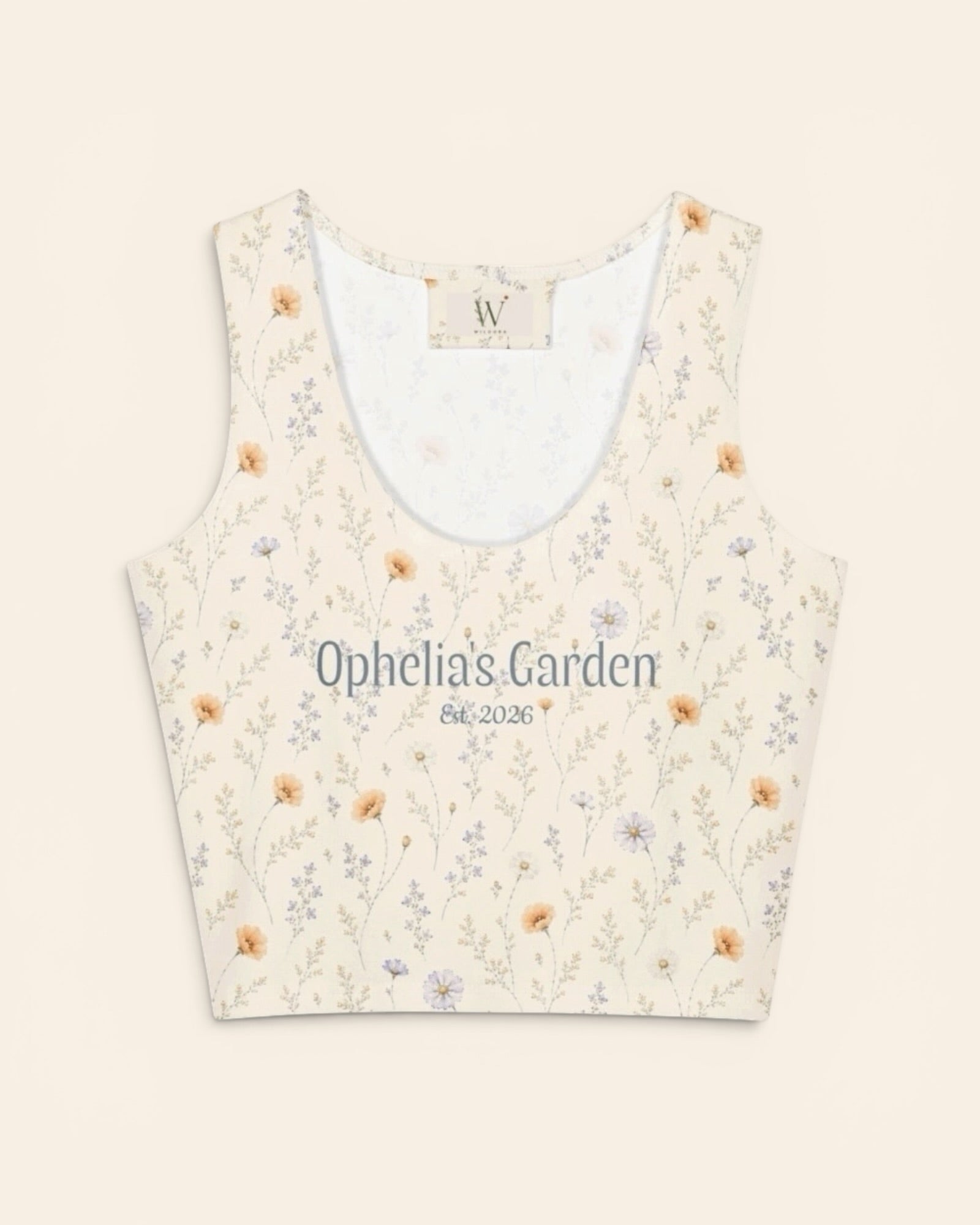 Garden Reverie Crop Top, with peach poppies, blue cosmos, forget-me-nots, and daisies print