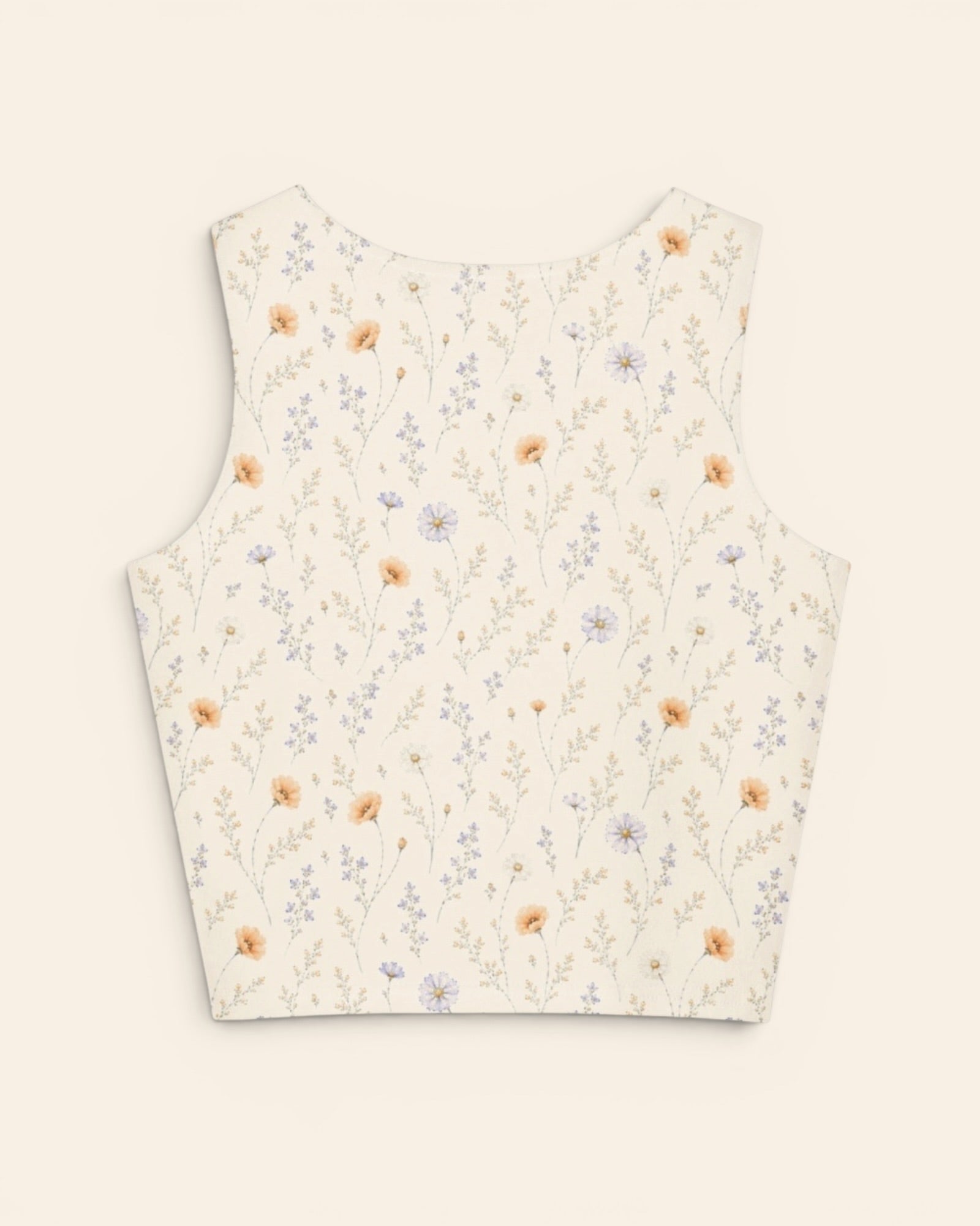 Garden Reverie Crop Top, with peach poppies, blue cosmos, forget-me-nots, and daisies print
