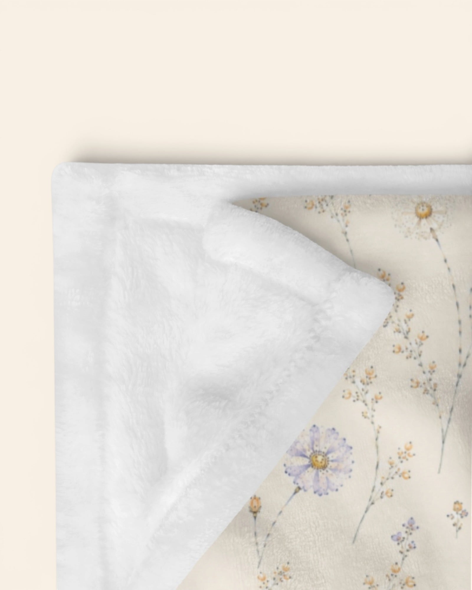 Garden Reverie Throw Blanket, with peach poppies, blue cosmos, forget-me-nots, and daisies print