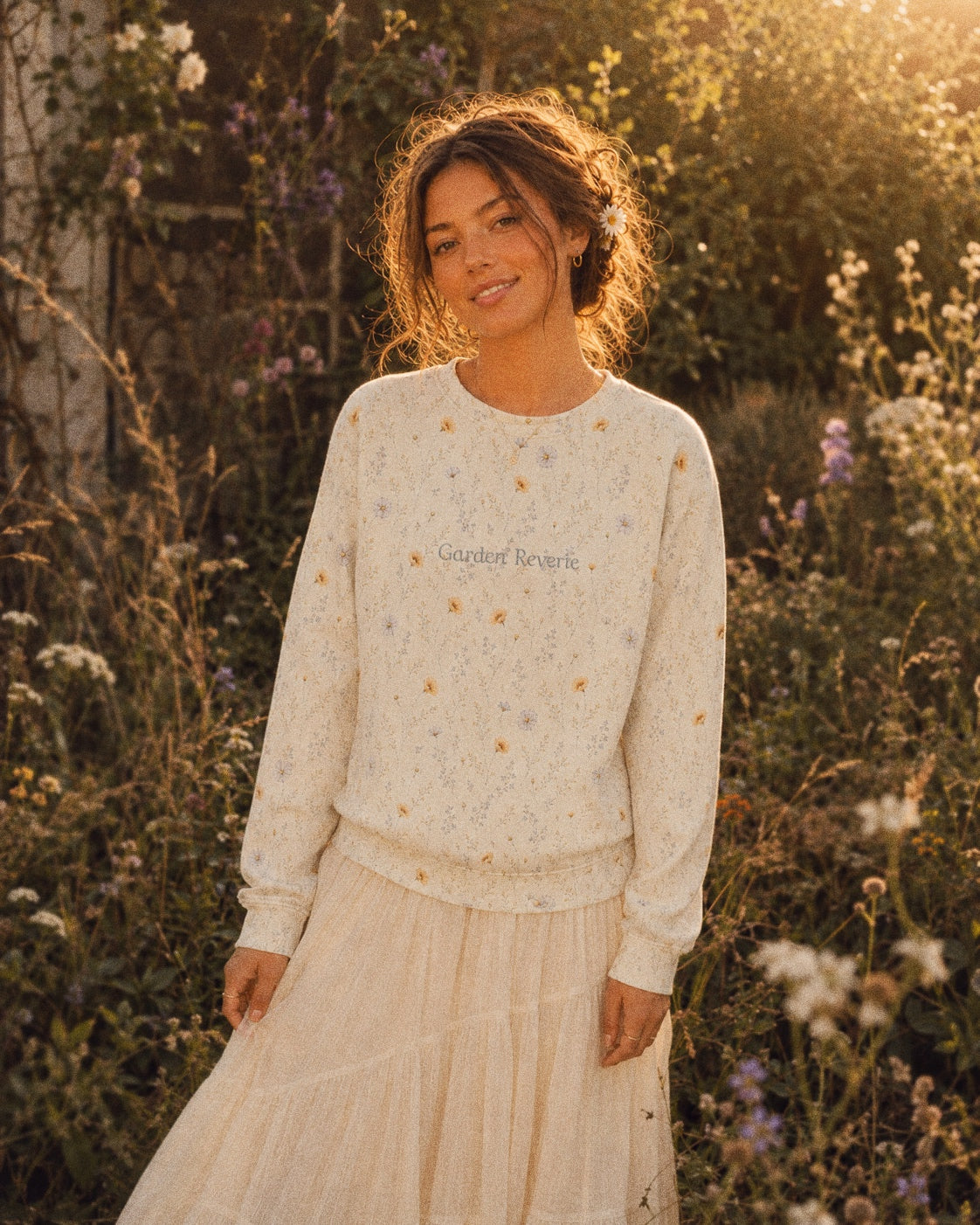 Garden Reverie Crewneck Sweatshirt, with peach poppies, blue cosmos, forget-me-nots, and daisies print