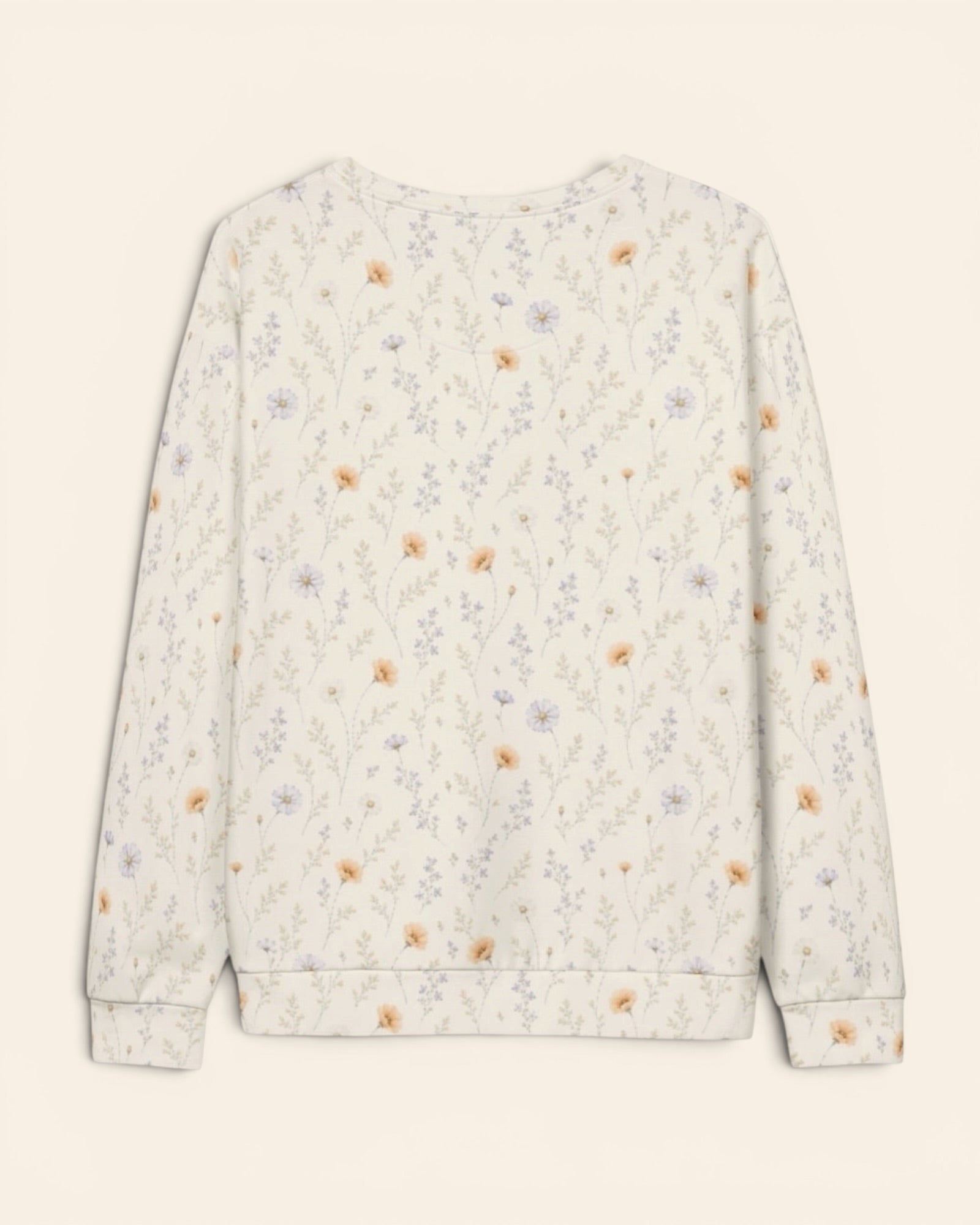 Garden Reverie Crewneck Sweatshirt, with peach poppies, blue cosmos, forget-me-nots, and daisies print